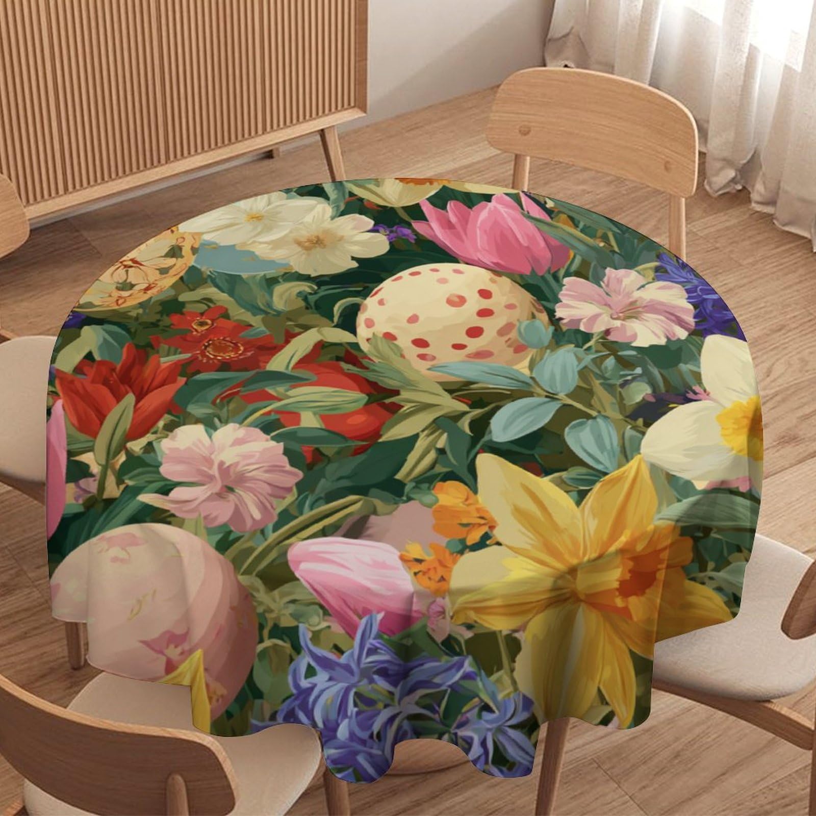 LUYYSKY Cute Classic Colorful Eggs Waterproof Round Tablecloth Modern Abstract Easter Spring Natural Tulips Floral Pattern Washable Table Cover for Kitchen-177.8" Wx177.8 L cm