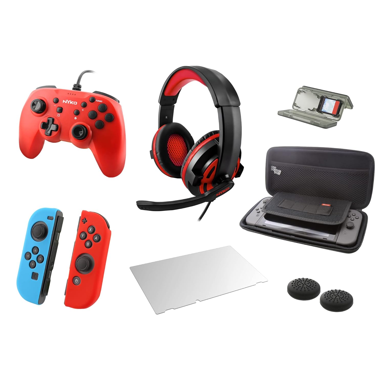 Nyko Master Pak for Nintendo Switch - Nintendo Switch Accessories - Wired Controller, Wired Headset, Travel Case, Game Case, Joycon Covers, Protective Glass & Thumbstick Caps (9 Piece Accessory Kit)