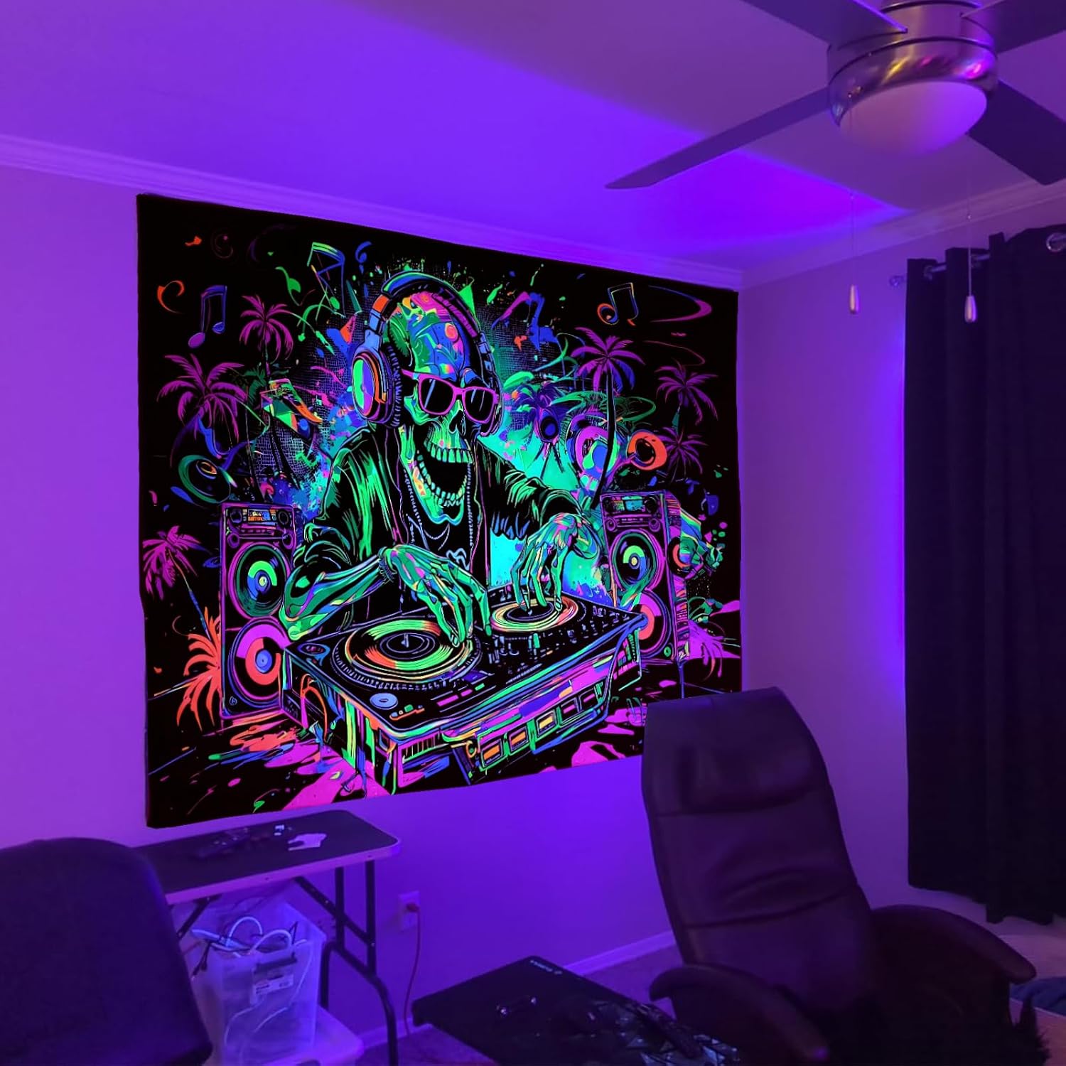TUGCAY Blacklight Skull Tapestry Funny Skeleton Hip Hop Music Tapestry UV Reactive Gothic Hippie Tapestries Wall Hanging for Bedroom Dorm Game Room Decor(70.9 x 90.6 Inches) image 3