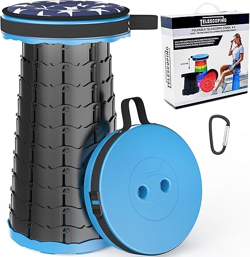 ALEVMOOM Taburete de camping con cojín, taburete telescópico portátil, capacidad más resistente, 440 libras, taburete plegable retráctil, ajustable
