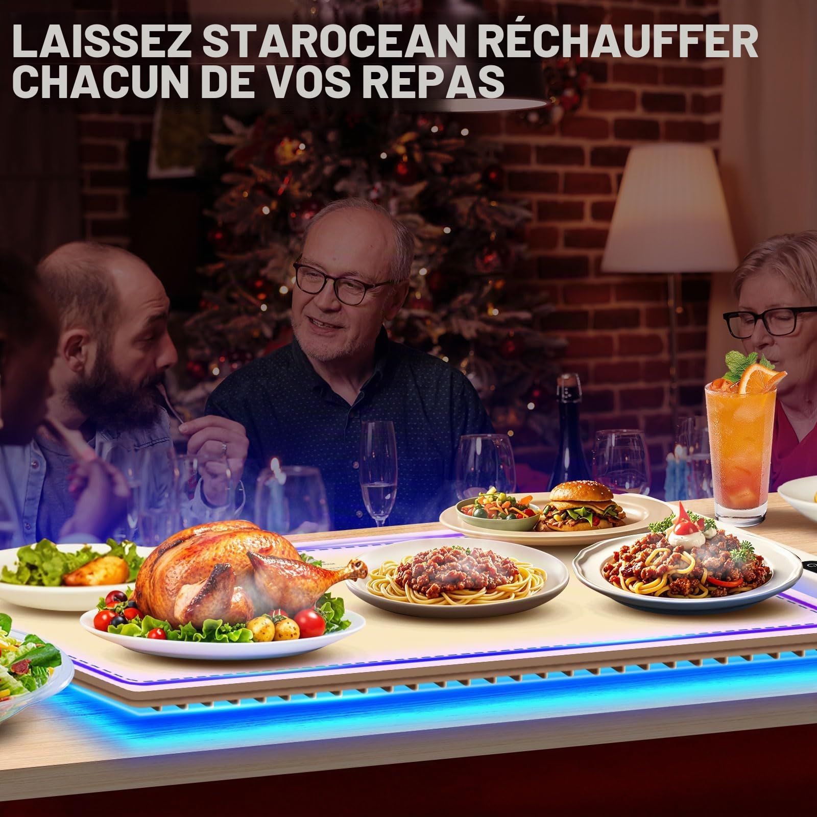 KingSom Chauffe Plat Électrique avec LED lumière, Plateau Chauffant en Silicone Pliable, Température Réglable 50-100°C & 1-6H Minuterie, Plaque Chauffante pour Fêtes, Buffet, Réunions de Famille