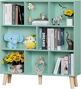 LEYAOYAO 8 Cube Bookshelf 3-Tier Bookcase with Legs, Mint-Green Kids Book Shelf Cute Storage Organizer, Large Open Toy Shelves Modern Bookshelves,Display Bookcases for Bedroom,Living Room,Nursery