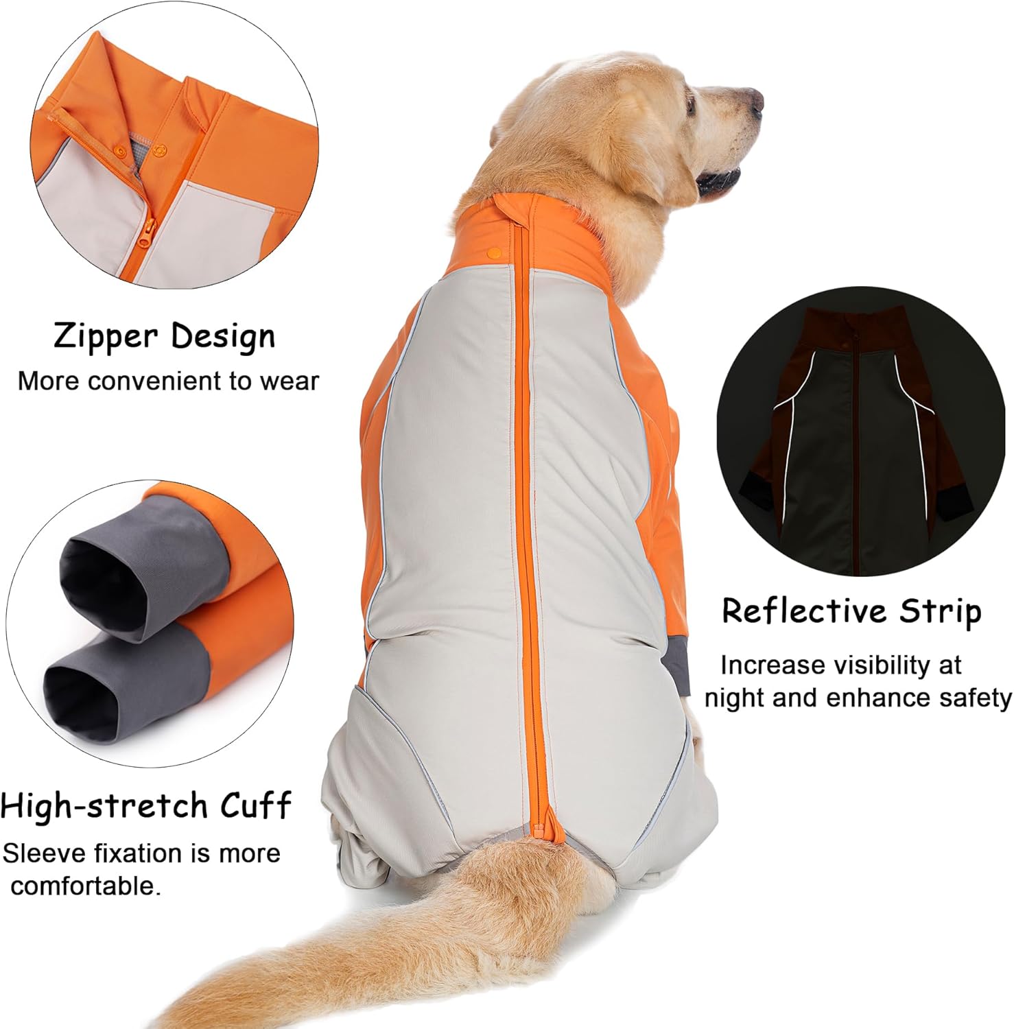 Dog Full Body Winter Coat, Waterproof Fleece Jacket for Small Medium Large Dogs Reflective Snowsuit with Zipper for Outdoor Skating (Orange, 3XL(Weight 33-53 lbs))