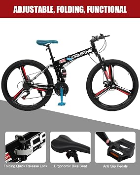 Ktaxon Foldable Mountain Bike 26 Inch Bike 21-Speed Bikes for Adults with Cool Design, Powerful Mechanical Dual Disc Brakes, Double Shock Effect and Ergonomic Cushion