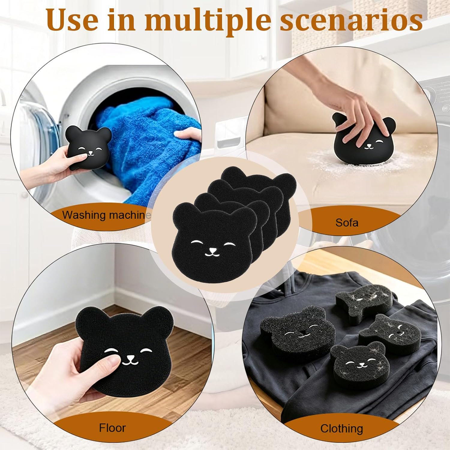 4 Pcs Panda Shaped Lint Hair Remover Sponge, Reusable Multi-Purpose Pet Hair Catcher for Furniture Clothes Sofa Floor Car