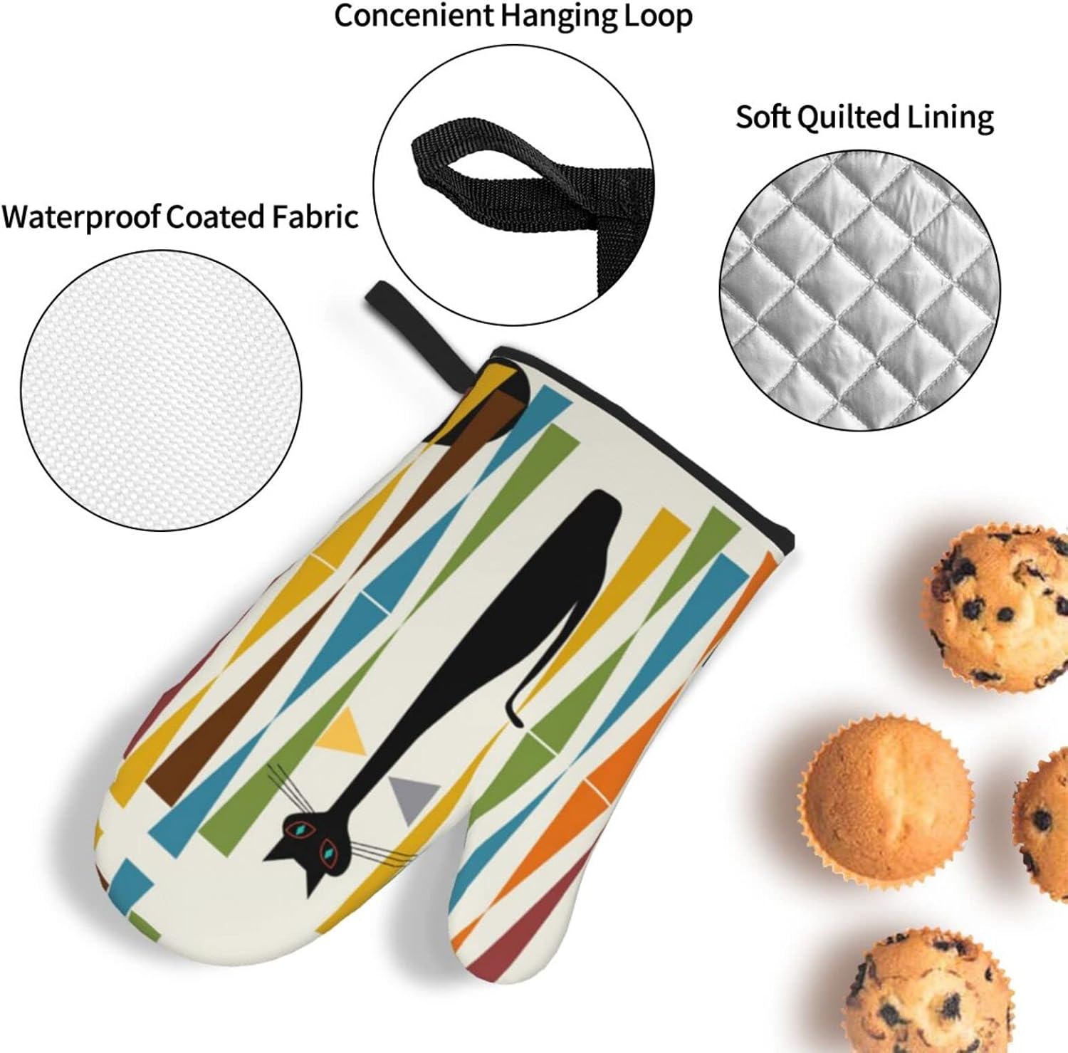 Mid-Century Modern Art Cat Oven Mitts and Pot Holders Set of 4, Fashion Heat Resistant Safe Cooking Baking Grilling BBQ Easy Washable Kitchen Accessories image 5
