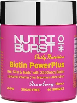 Nutriburst Biotin Power Plus - Biotin 2500mcg + Liposomal Vitamin C for Healthy Hair & Glowing Skin - Strawberry Flavour - 60 Gummies 1 Month Supply - Suitable for Vegans