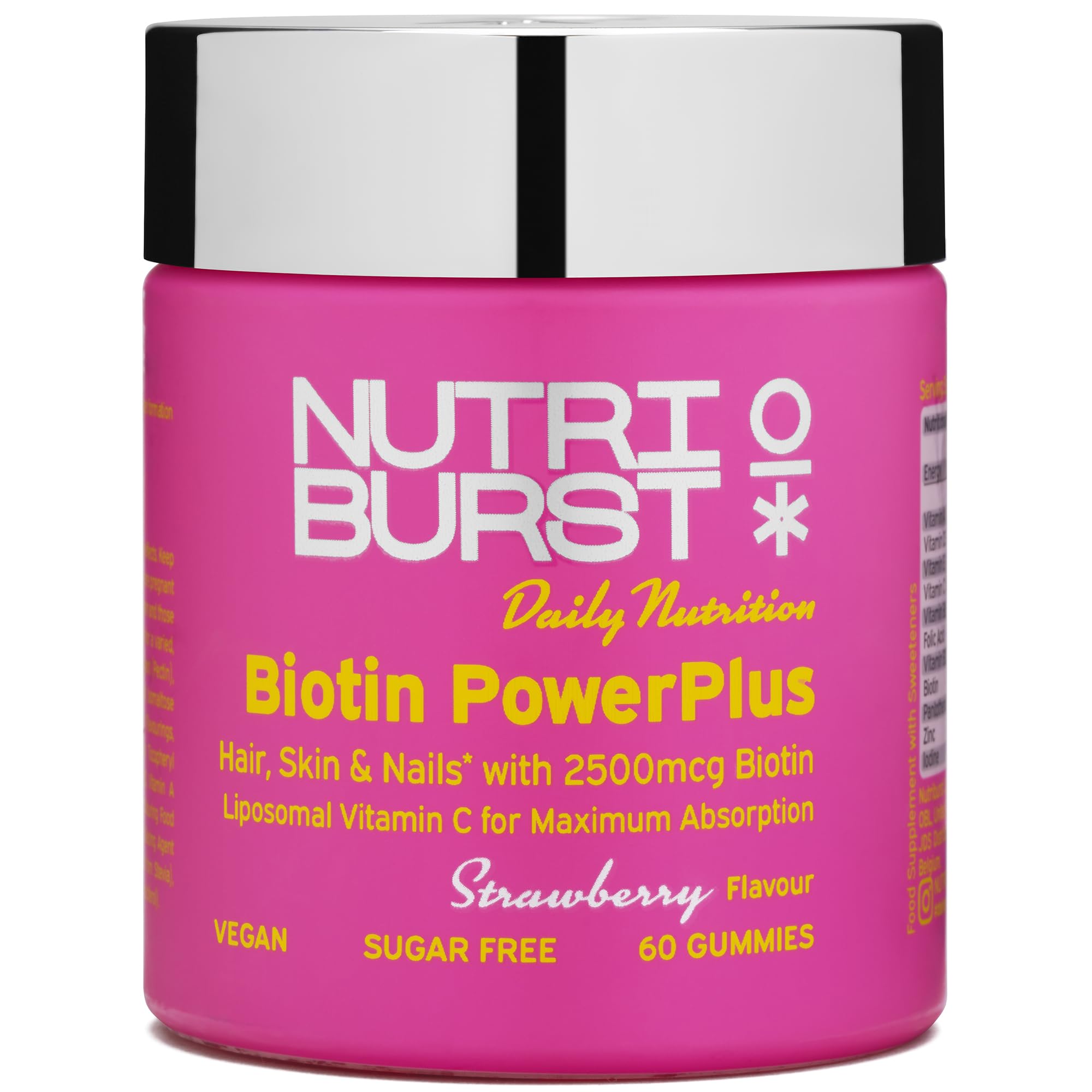 Nutriburst Biotin Power Plus - Biotin (2500mcg) + Liposomal Vitamin C for Healthy Hair & Glowing Skin - Strawberry Flavour - 60 Gummies 1 Month Supply - Suitable for Vegans