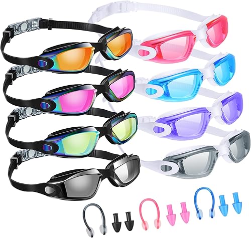 Konohan Paquete de 8 gafas de natación sin fugas para adultos, protección UV, gafas de piscina con clip para la nariz