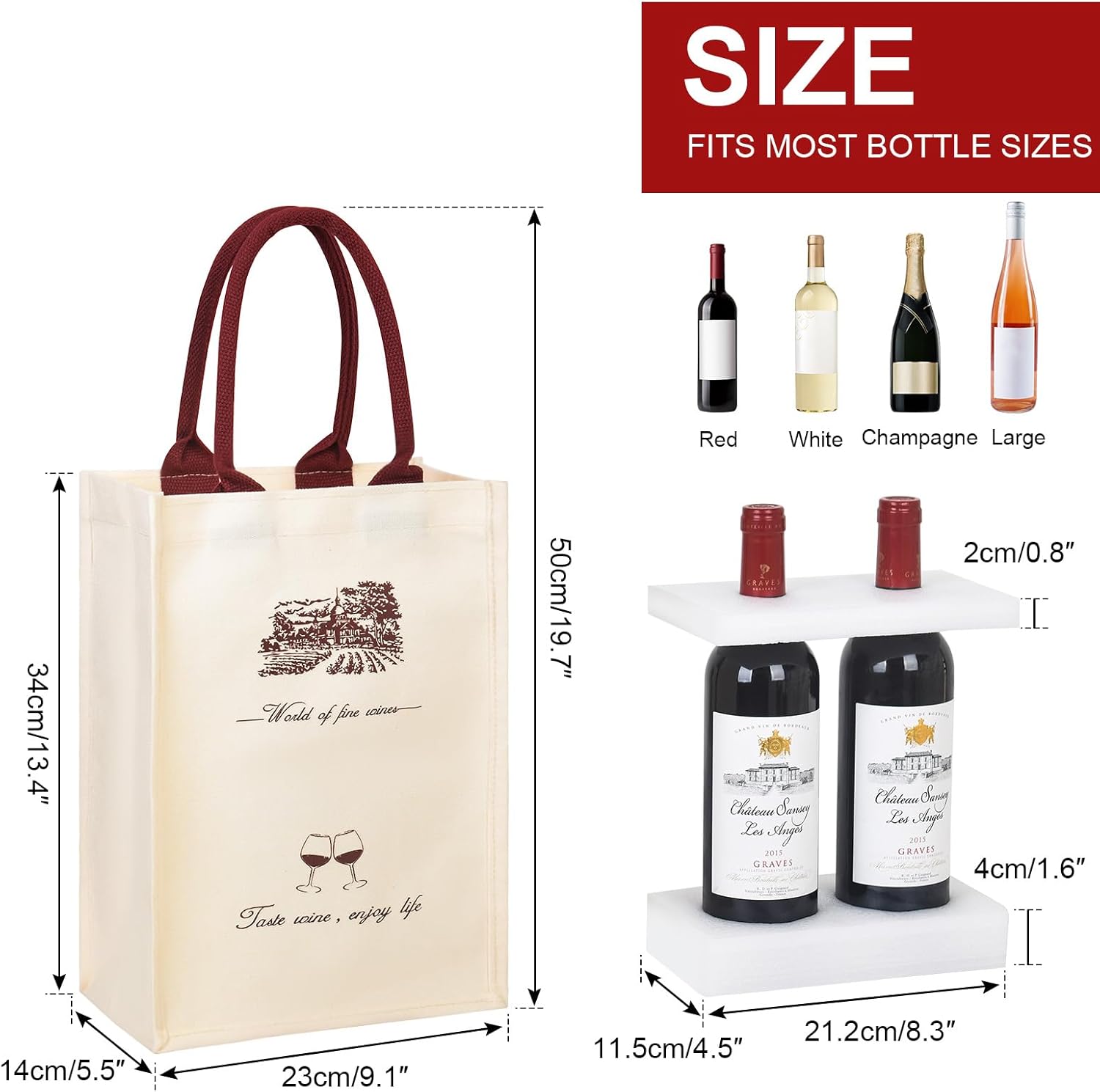 Sturdy Canvas Wine Tote Bag for 2 Bottles, Waterproof with Wine Red Handles & Built-in Foam Padding, Foldable Wine Gift Bags Alternative to Wine Shipping Box, for Party Wedding Wine Lovers, 2-Pack