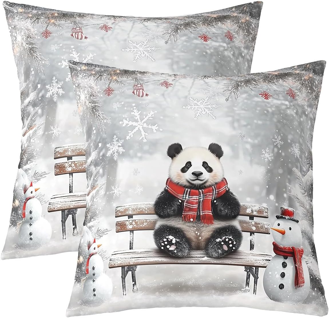 Feelyou Merry Christmas Throw Pillow Covers Cute Panda Pillow Covers for Home Sofa Bed Couch for Kids Boys Girls Xmas Tree Snowman Cushion Covers Snowflake Print Pillowcases, 22x22 Inches Set of 2