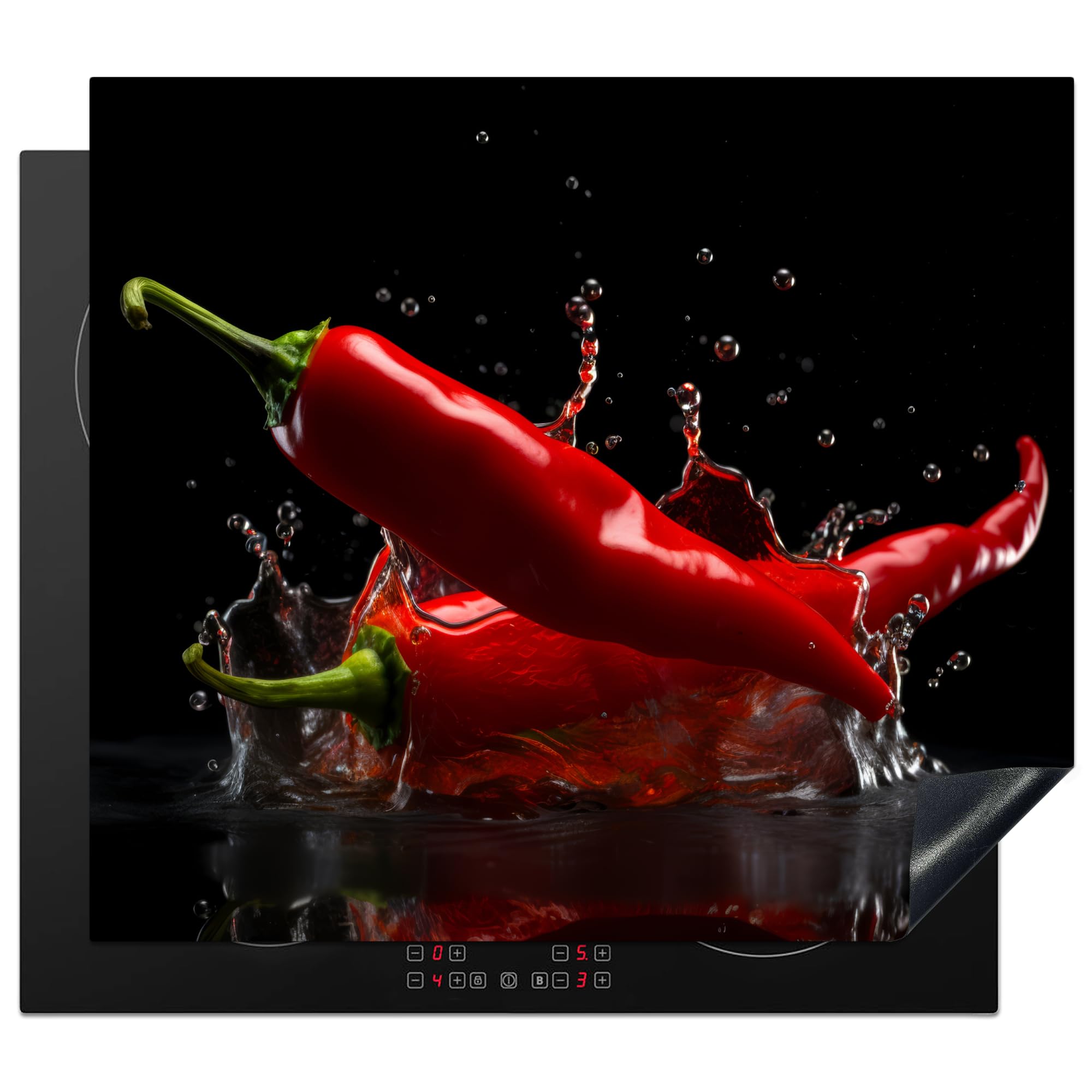 KitchenYeah© Induction Hob Protector Mat 20.3"x22.7" / 57.6x51.6 cm Stove Cap Top Cover Kitchen Cooker Covers for Electric Hobs Vinyl Pepper - Red - Black - Water - Vegetable — image 1