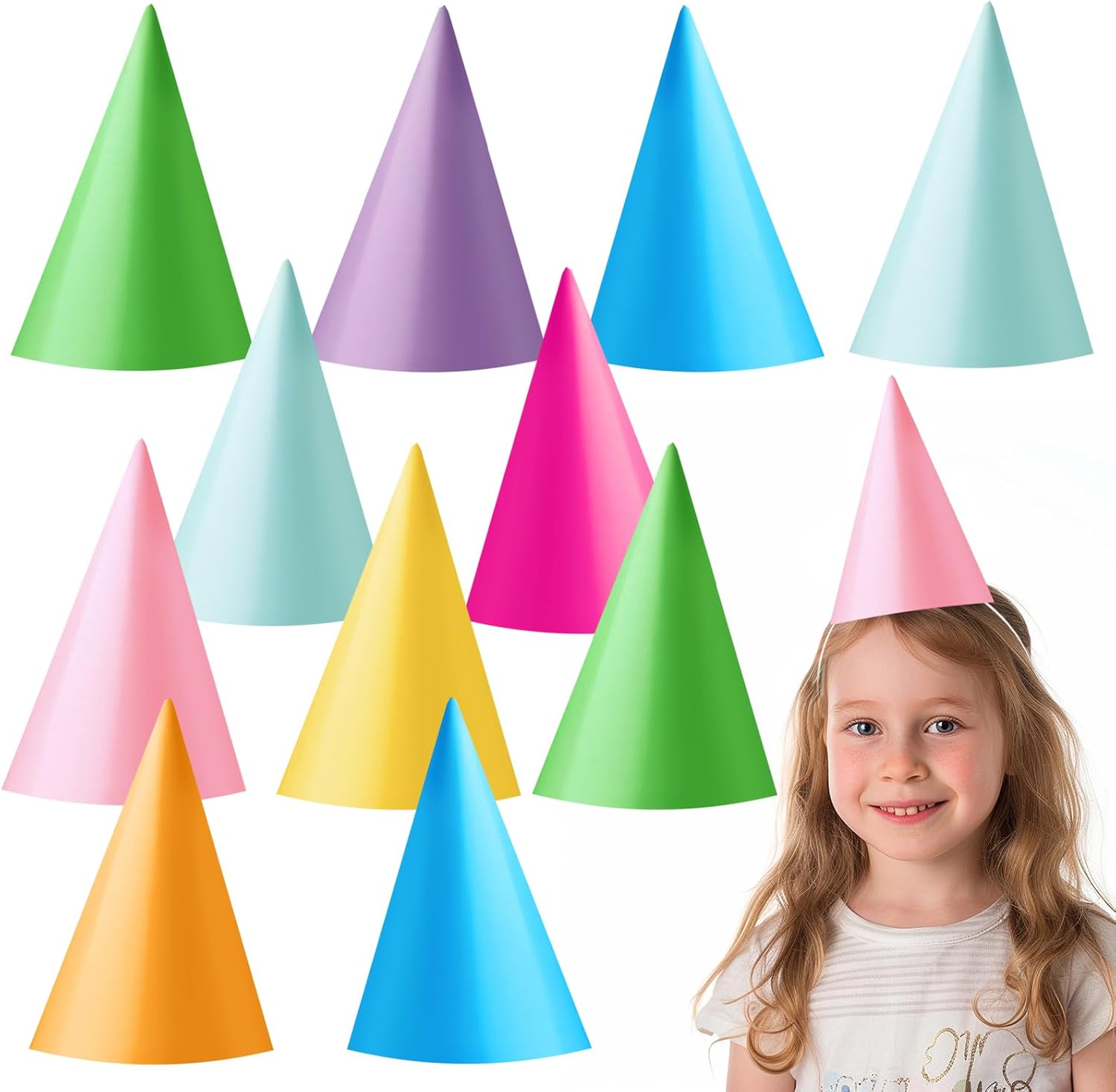 24 PCS Birthday Party Cone Hats 8 Assorted Colors Mini Paper Hats with Elastic Cord for Kids, Adults, Colorful Headwear for Birthday Party Baby Shower Christmas Anniversaries