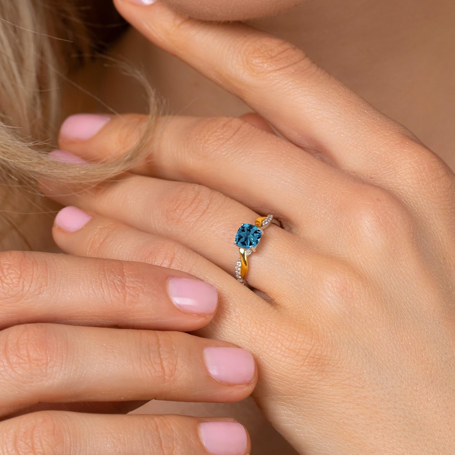 Gem Stone King 925 Sterling Silver and 10K Yellow Gold 6MM Cushion Gemstone Birthstone and Lab Grown Diamond Engagement Ring for Women | Available In Size 5, 6, 7, 8, 9 - Image 4