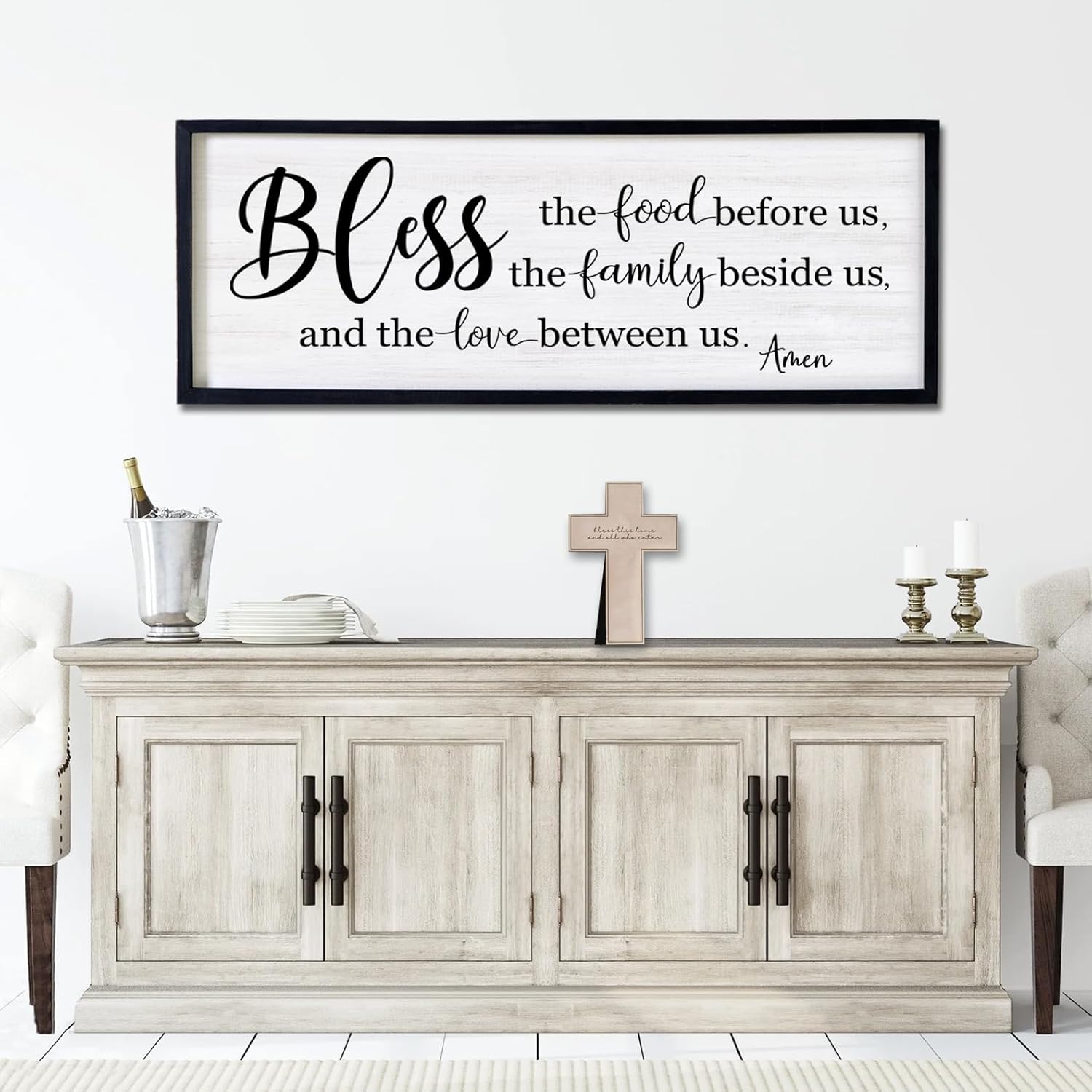 Bless the Food Before Us, the Family Beside Us, and the Love between us Framed Wall Art for Dining Room, 40''×15'' Holy Positive Religious Rustic Bible Verse for Christian God Jesus Christ Prayer Black Frame 40L" x 15W" Bless the Food Before Us