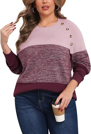 TIANZHU Plus Size Sweater for Women Colorblock Long Sleeve Crewneck Casual Loose Pullover Shirt Fall Top