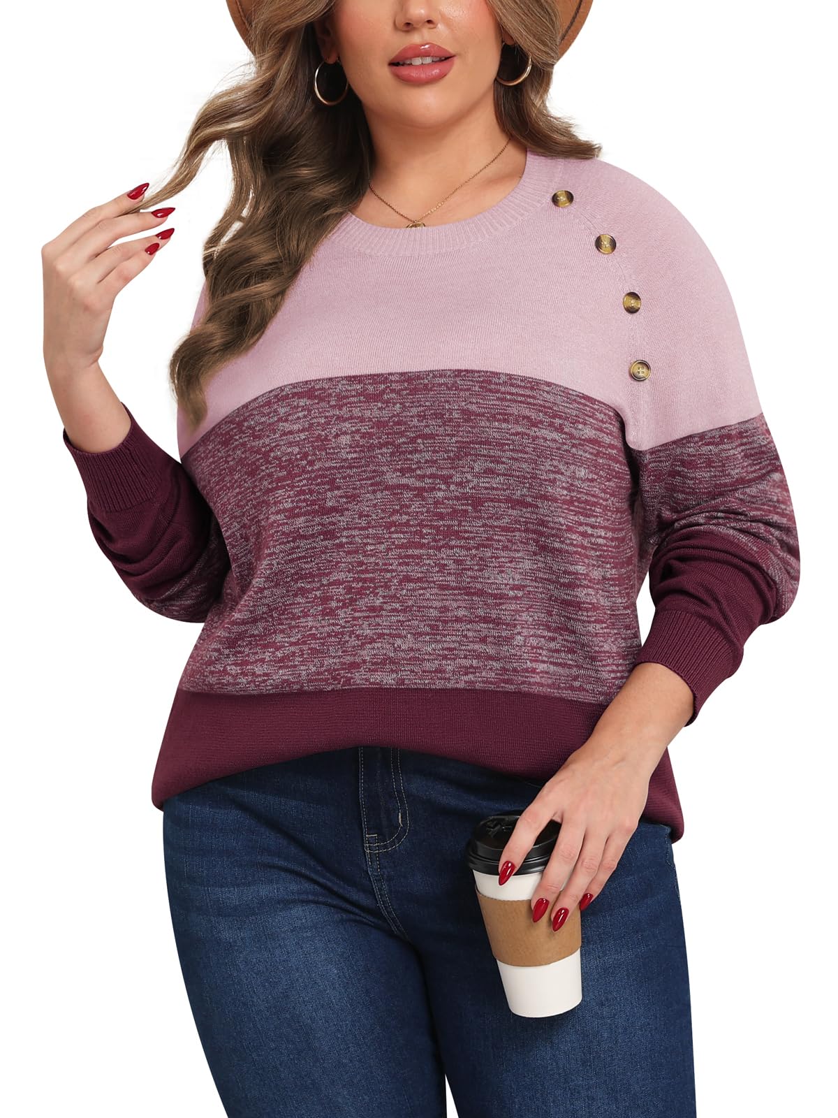 TIANZHU Plus Size Sweater for Women Colorblock Long Sleeve Crewneck Casual Loose Pullover Shirt Fall Top