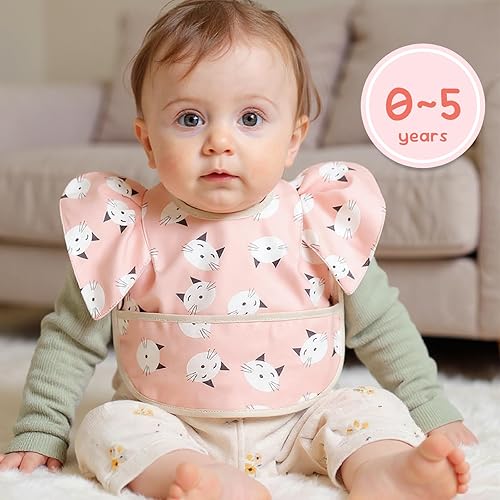 Vista 2 de Paquete de 5 baberos para comer, baberos de alimentación para bebés con gran receptor de alimentos, impermeables, limpiables, a prueba de desorden