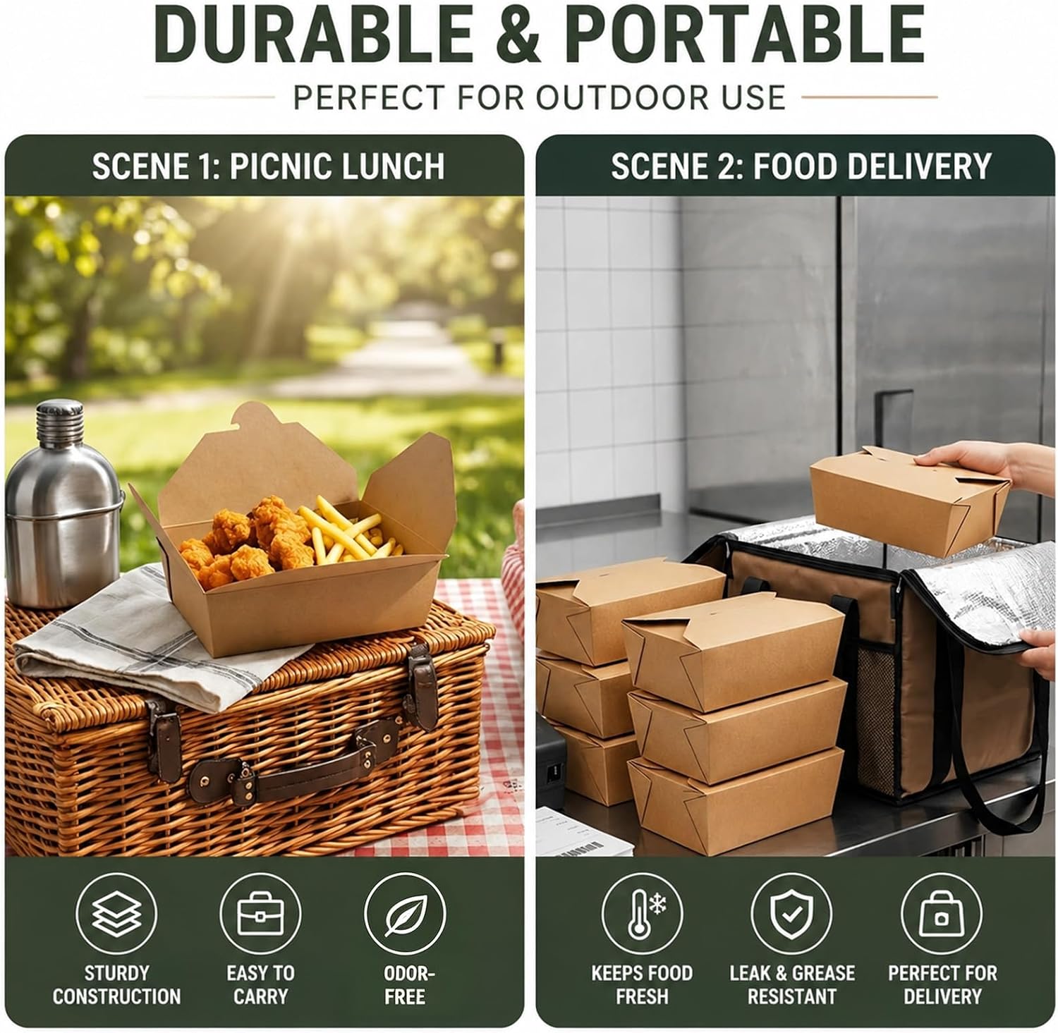 Kaderron 70Oz 50Pcs Disposable Take Out Food Containers, Brown Food Boxes To Go Kraft Paper Takeout Box Microwaveble and Refrigerator Safe(70OZ-50PACK) image 3