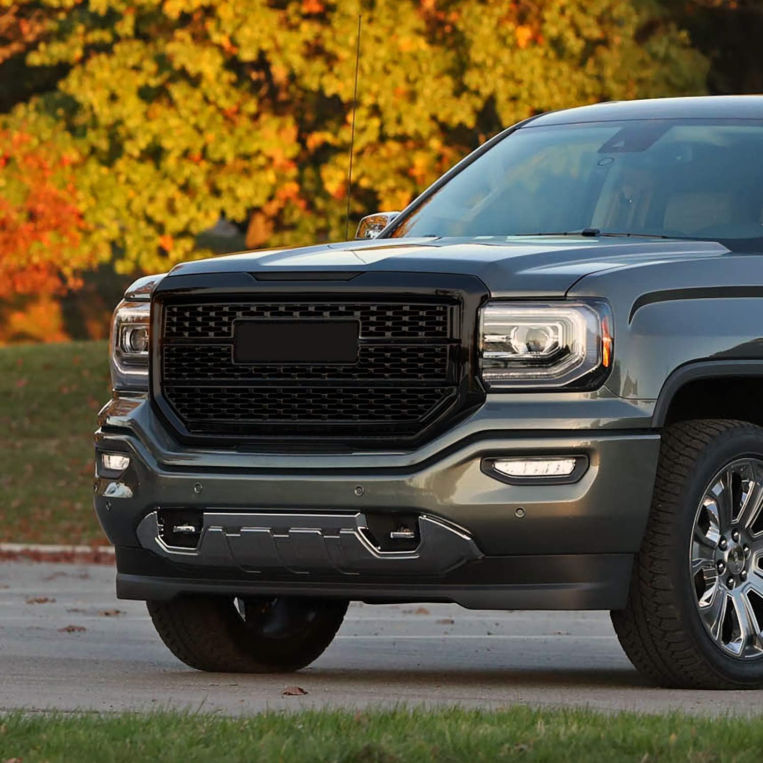 Spec-D Tuning Polished Black Denali Style Front Bumper Hood Upper Grille Compatible with 2016-2018 GMC Sierra 1500