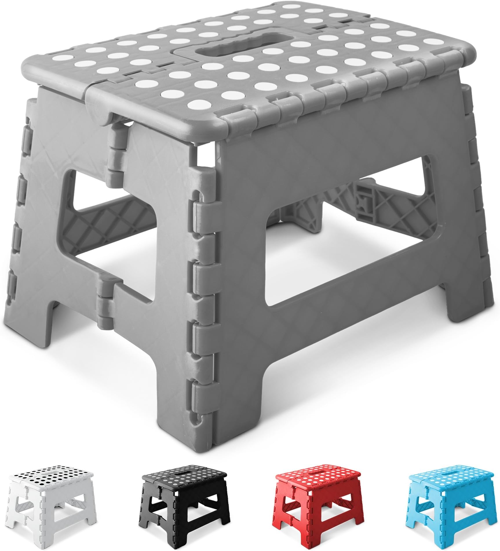 9 Inch Heavy Duty Folding Step Stool | Non-Slip Foldable Footstool for Toddlers, Children & Adults | Portable, Lightweight Plastic Footstep w/Carrying Handle for Indoor or Outdoor (Grey)