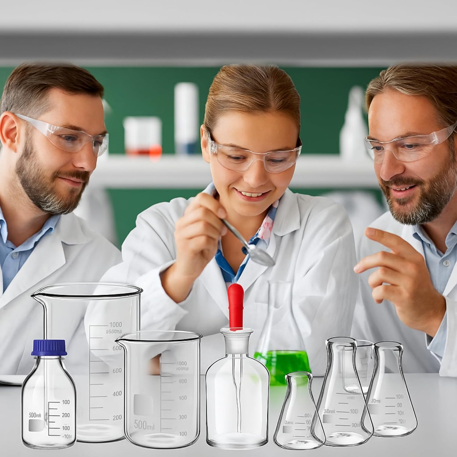 31 Pcs Lab Glassware Set Include Measuring Beakers Cylinders Erlenmeyer Flasks Dropper Bottle Media Bottles Glass Stirring Rods Dropper Funnels for Science Chemistry Equipment Supplies