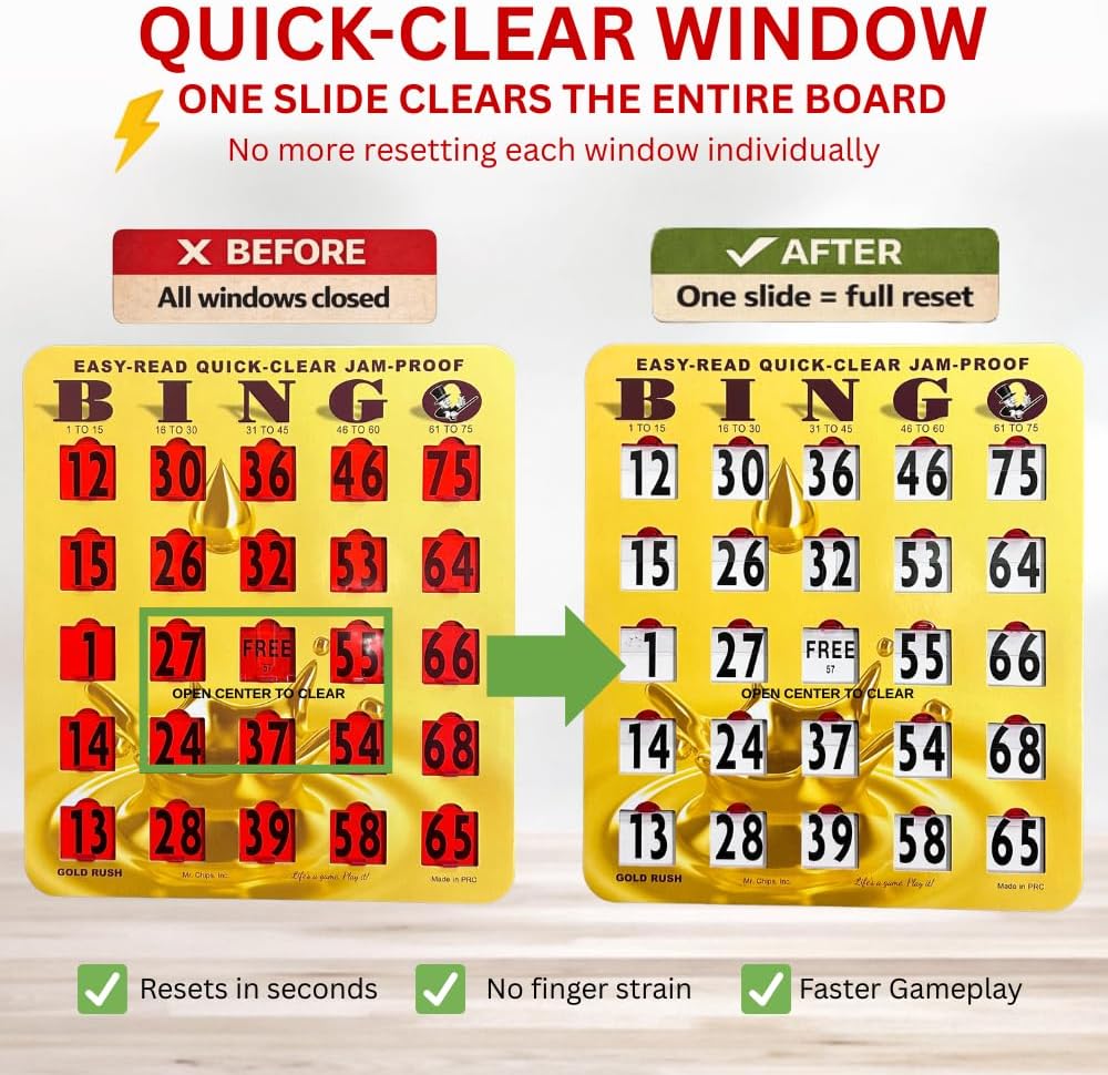 MR CHIPS Jam-Proof Easy-Read Quick-Clear Large Print Fingertip Slide Bingo Cards with Sliding Windows 50 Pack in Gold Rush Style