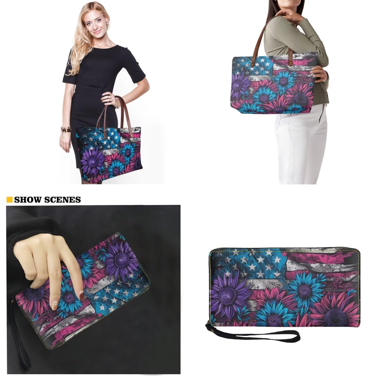 Salabomia American Flag Sunflower Handbag and Wallet Combo Top Handle Purse with PU Matching Wallet, Tote Shoulder Bag Top Handle Bag Satchel Handbag, Gift for Mom, Blue and Purple