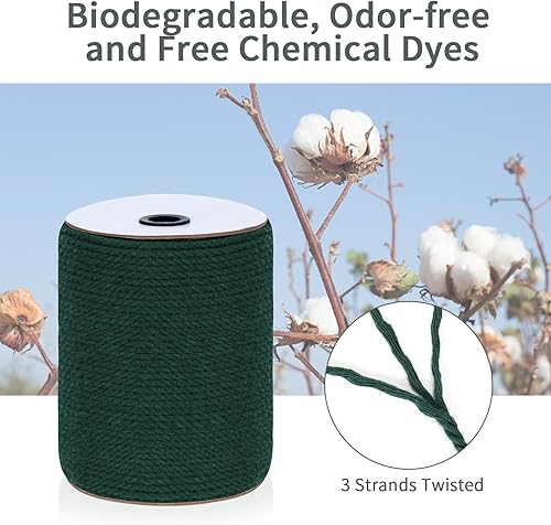 Miniatura 8 de Cuerda de macramé de 0.315in x 33 yardas (99 pies), cuerda de algodón natural  3 hebras de algodón trenzado para colgar en la pared, ganchos de