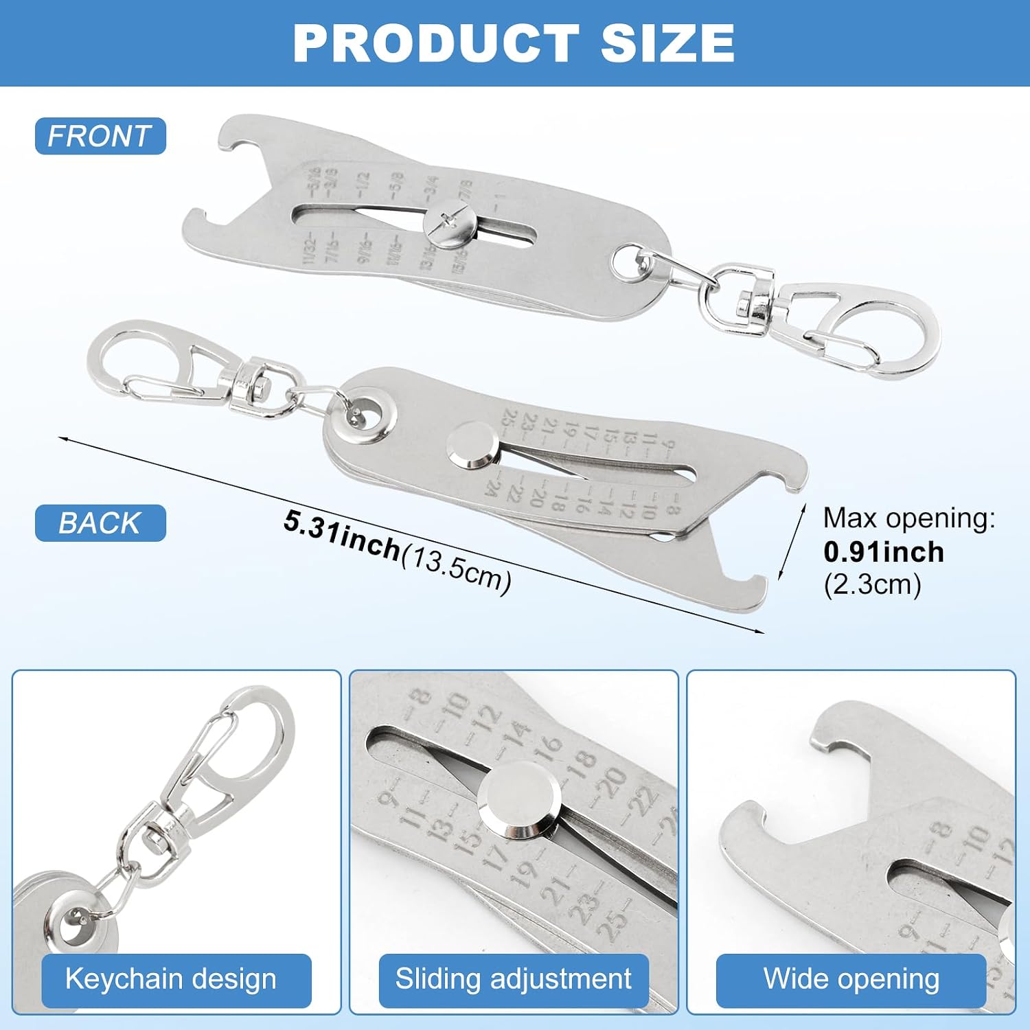 Bolt Size Finder Keychain, SAE & Metric 5/16–1, 8–25 mm, Nut & Bolt Fasteners Measuring Tool, Wrench & Socket Size Finder for Mechanics and Auto Repair