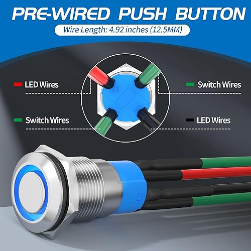 Miniatura 4 de DaierTek Interruptor de botón con pestillo de 0.472 pulgadas, interruptor de botón pulsador de 12 V, carcasa plateada, luz LED azul, impermeable,