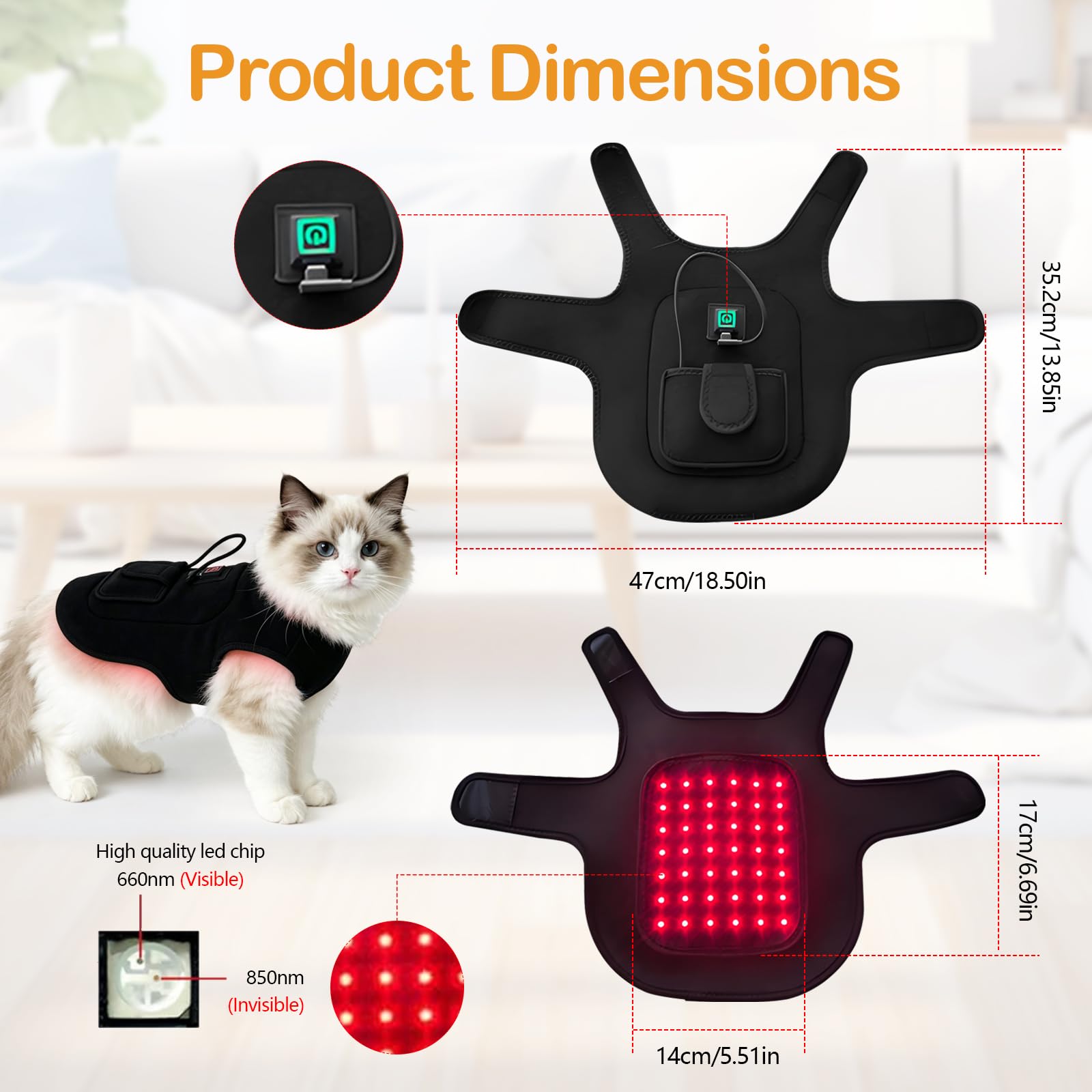 Ceinture de thérapie à la lumière rouge 660 nm/850 nm pour chiens et chats, coussin chauffant avec 3 modes pour soulager la douleur, ceinture thérapeutique réglable pour les douleurs articulaires
