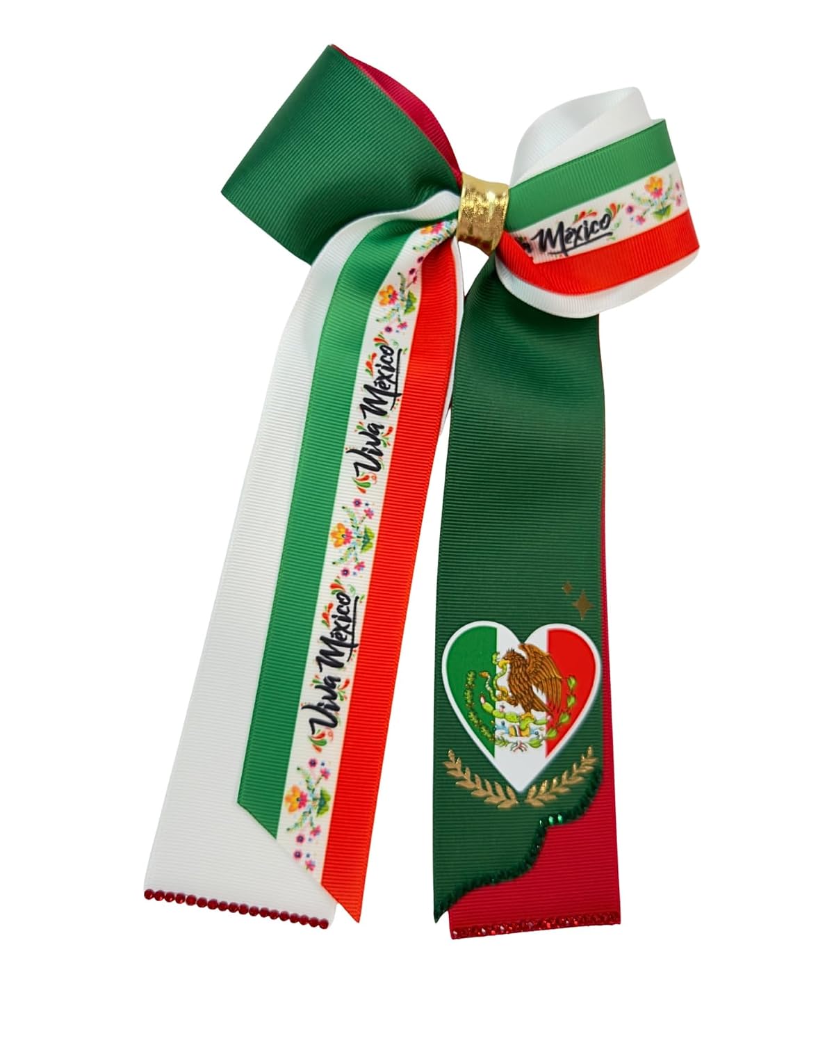 Mexican Hair Bow - Viva Mexico Edition | Handmade Patriotic Mexican Flag Hair Clip for Girls & Women | Cinco de Mayo Rhinestone Alligator Clip Bow (5 Inch)