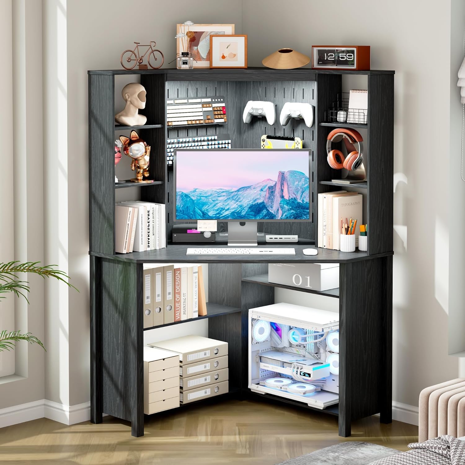 Gurexl Computer Desk with 3 Color lights and 2 AC Port Charging,Modern Writing Workstation with Hutch and, Storage Bookshelf,Corner Desk with Pegboard for Study,Bedroom, Small Space,Work,Black