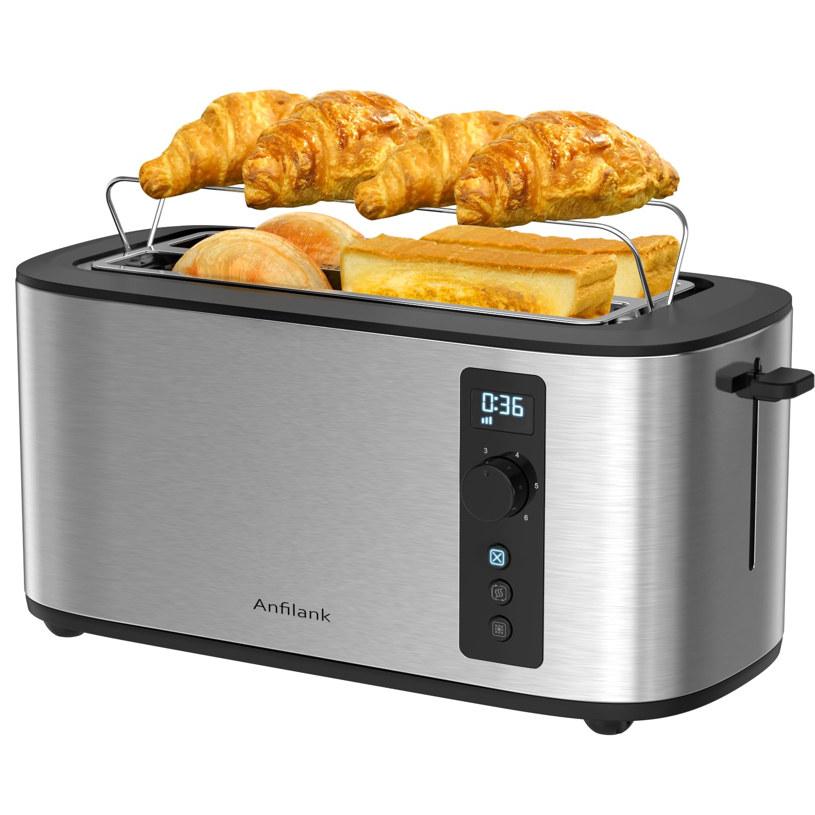 Anfilank Toaster 4 Slice, Countdown Timer, 6 Browning Settings, Built-in Warming Rack, Defrost/Reheat/Cancel Functions, Removable Crumb Tray, Stainless Steel