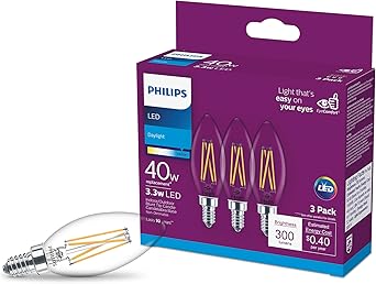Philips LED Clear Non-Dimmable B11 Light Bulb - EyeComfort Flicker Free - 3.3W = 40W - 300 Lumen - Daylight 5000K - E26 Base - Indoor - Title 20 - Pack of 3
