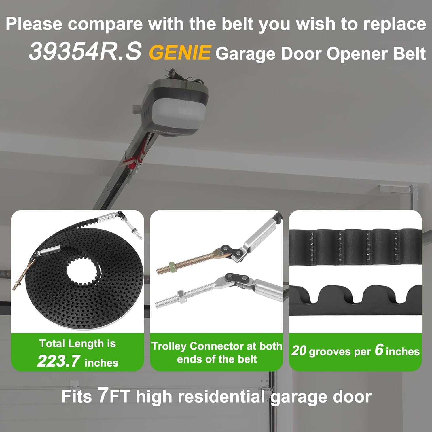 39354R.S Belt 223.7" Stable for 7 FT Genie Garage Door Opener 7055, 3055, 3053, 2055, 7155, SilentMax 550/750, StealthDrive 750, QuietLift 550 (39354R.S 223.7" 7 FT Garage Door Belt)