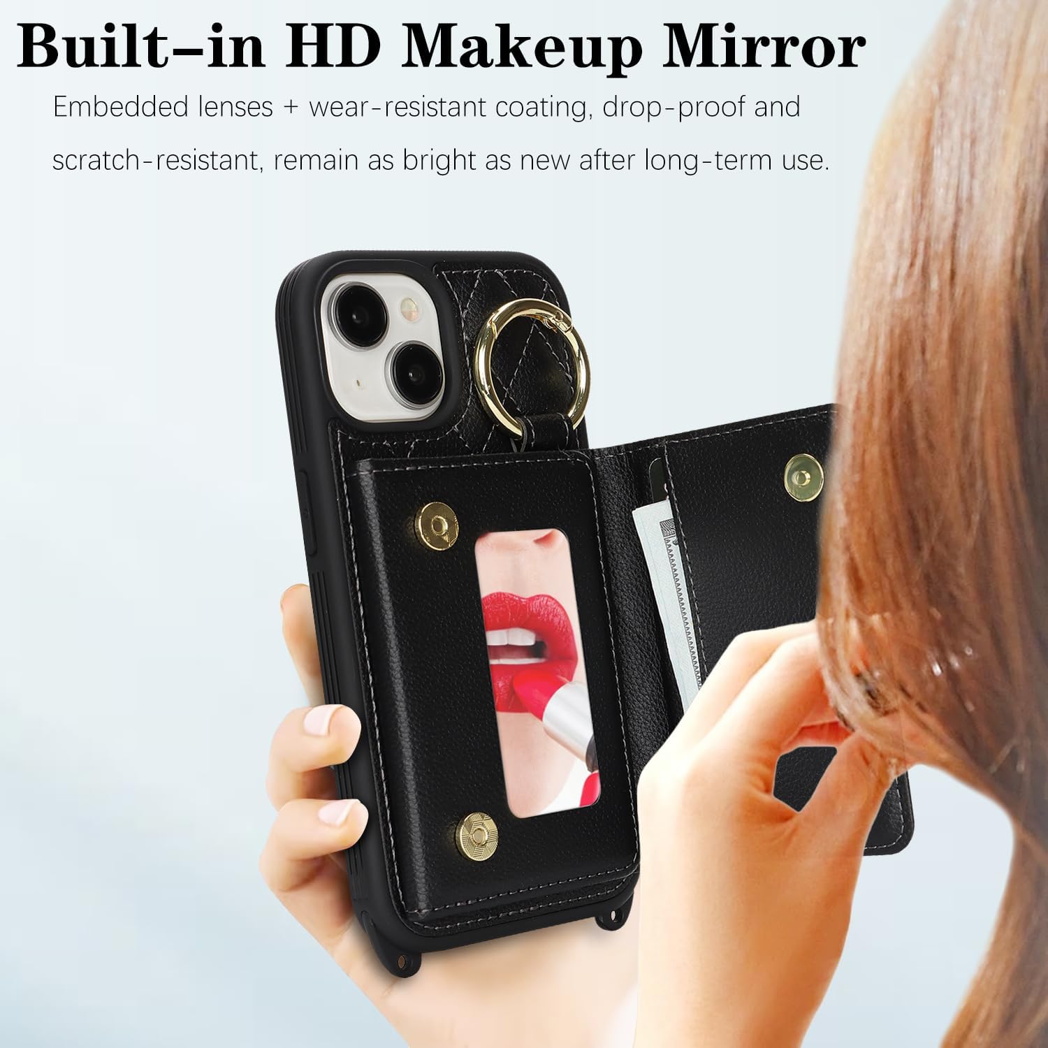 for iPhone 13 Case with Card Holder and Strap for Women,Crossbody Lanyard, Make Up Mirror,Ring Stand,Snap Clasp,Cute Phone Wallet Cases 6.1 inch - Black - Image 5