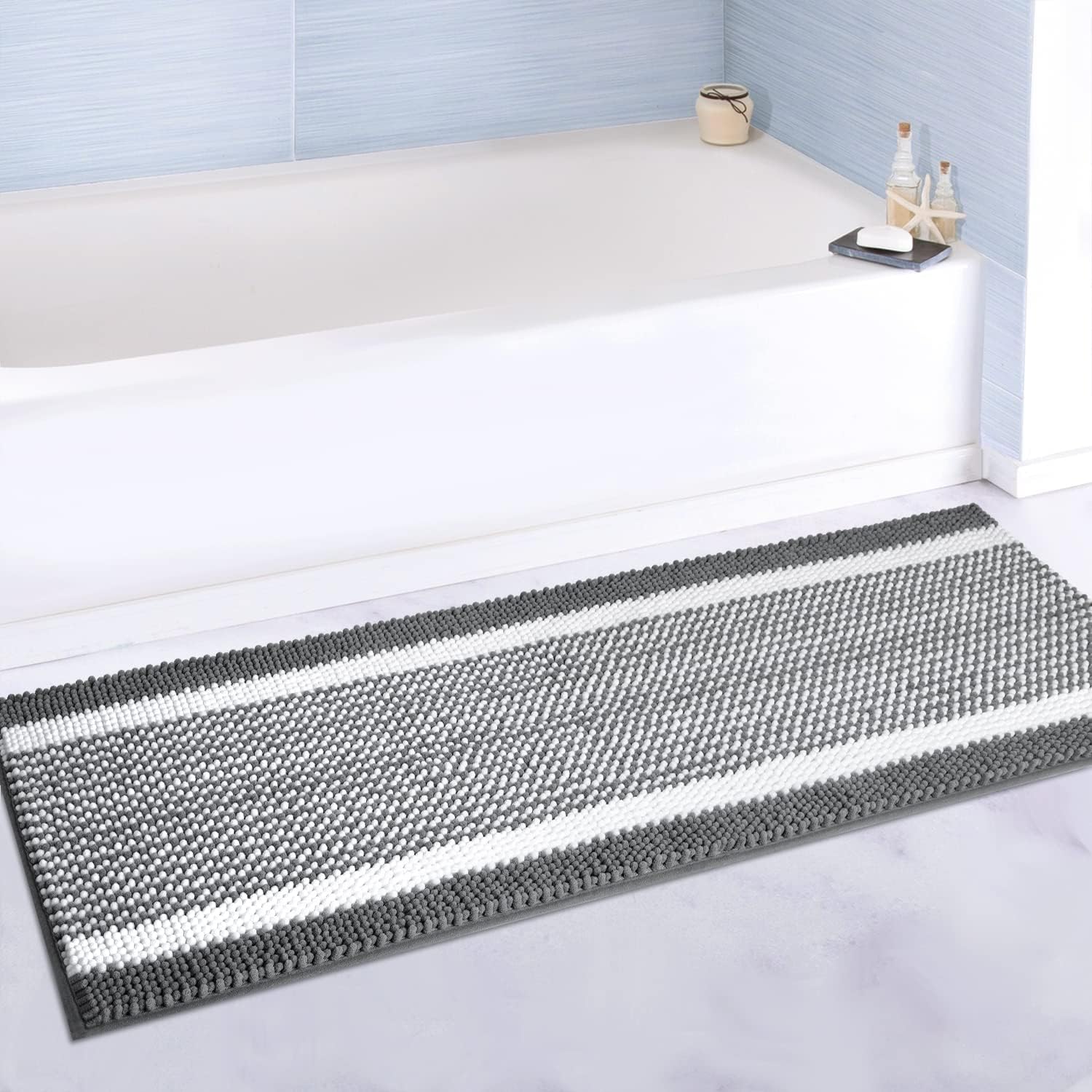Abilliongo Grey Bath Mat Runner Chenille Bath Rug for Bathroom Non Slip Shaggy Machine Washable Plush Large Bathroom Rug Water Absorbent Super Bathroom Mat Rugs 20''×59''