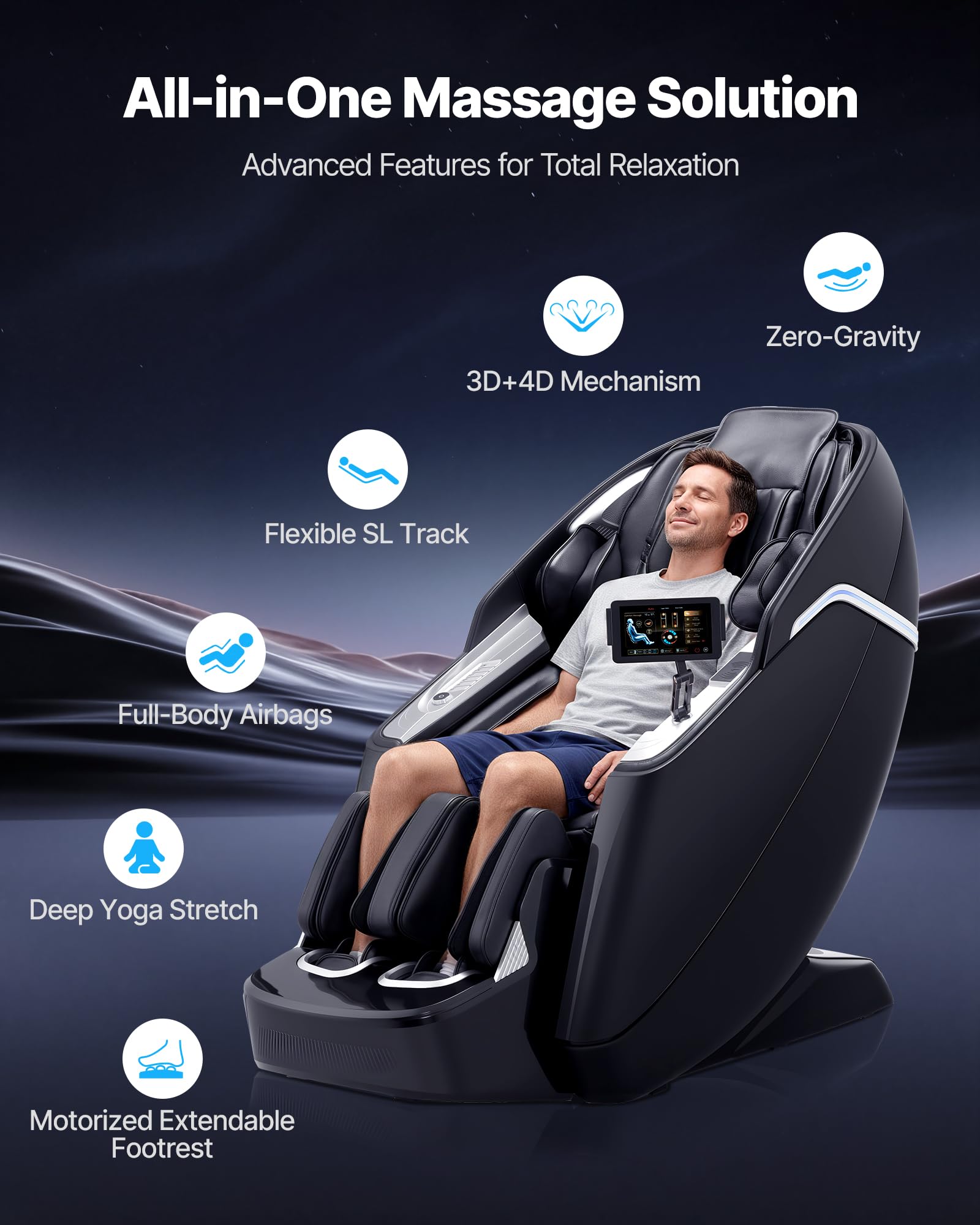 VEVOR Sillón de Masaje con Gravedad Cero y SL-Riel, Modo de Estiramiento de Yoga, Masaje 3D/4D con Voz IA, Calefacción, Pedal Eléctrico, 36 Airbags, Pantalla TFT, Botones en el Reposabrazos, Ruedas