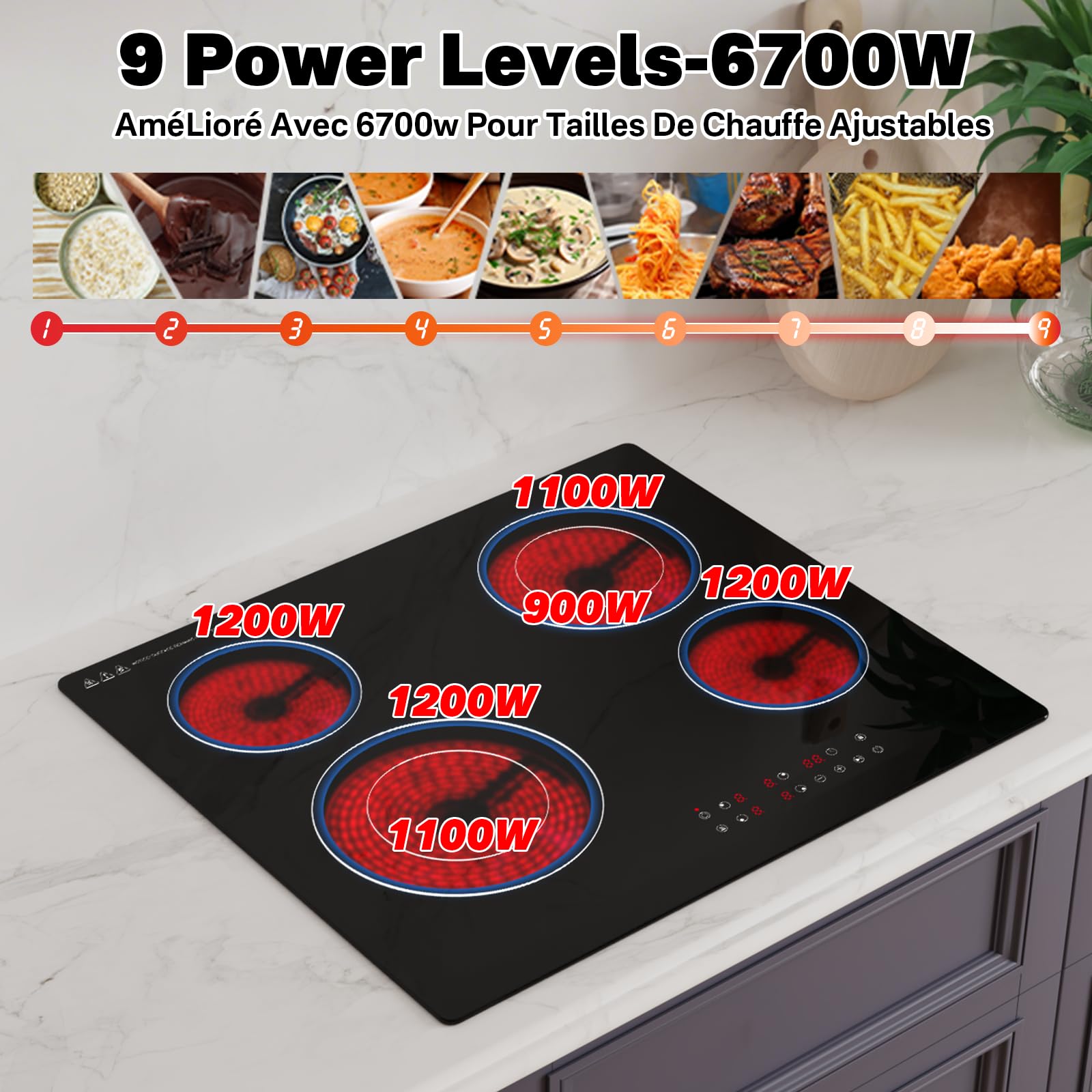 Plaque Vitrocéramique 4 Feux 6700W,Cuisson Électrique Encastrable 220V
