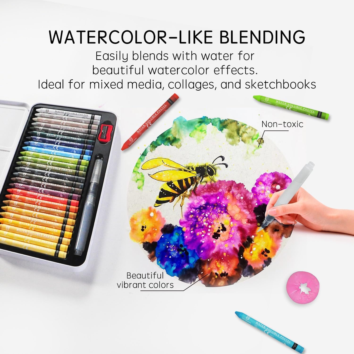iCrayon 25 Colors Water Soluble Pastels, Watercolor Pastels Set for Beginners and Hobbyists, Includes Sharpener, Palette & Brush for Vibrant Art Creations (Europe)