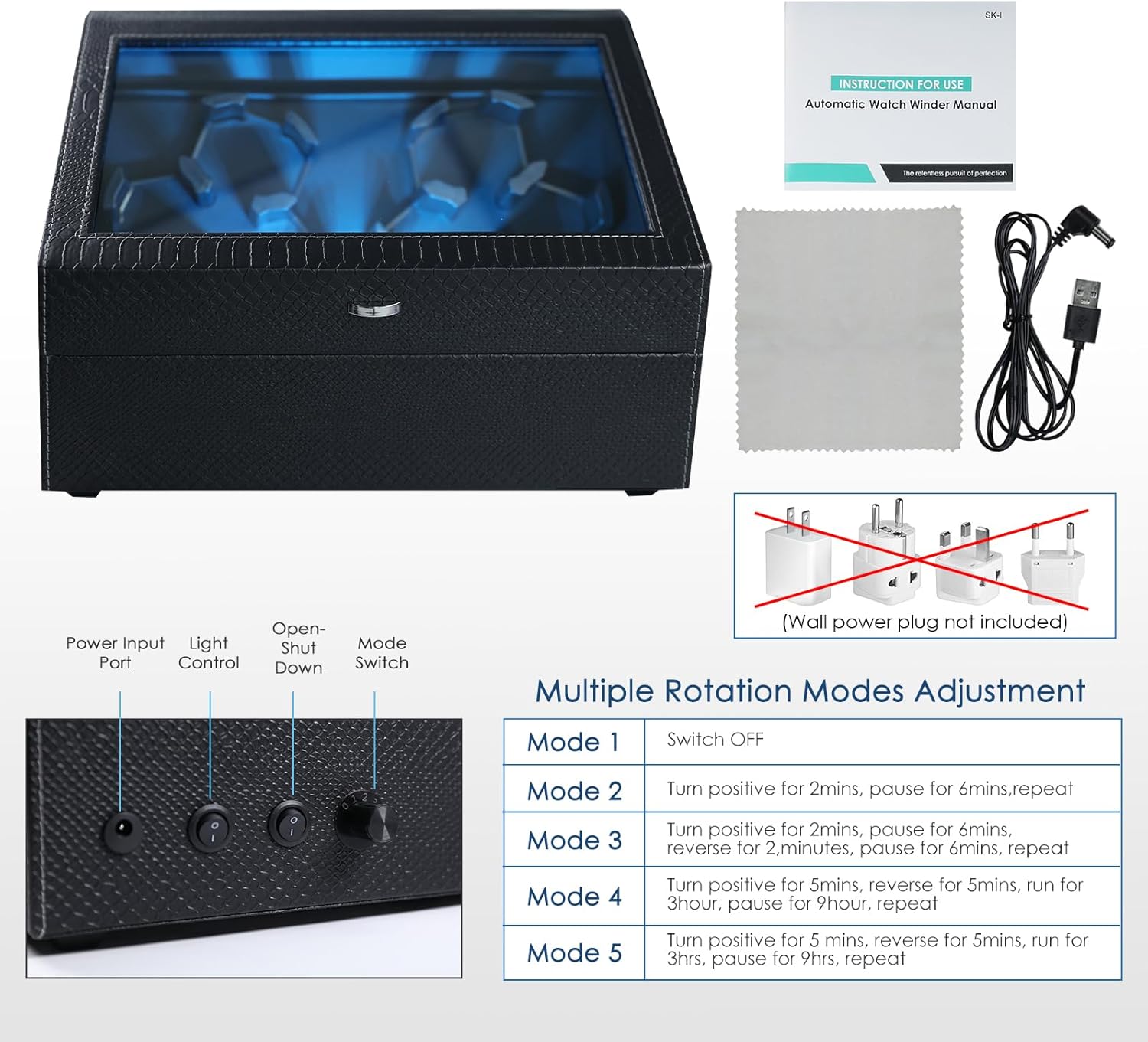 Watch Winder for Automatic Watches, Automatic Watches with Watches Storages, Automatic Watch Winder with Blue Backlight and Foam Pad, 4 Rotation Modes Rotating Watch Box