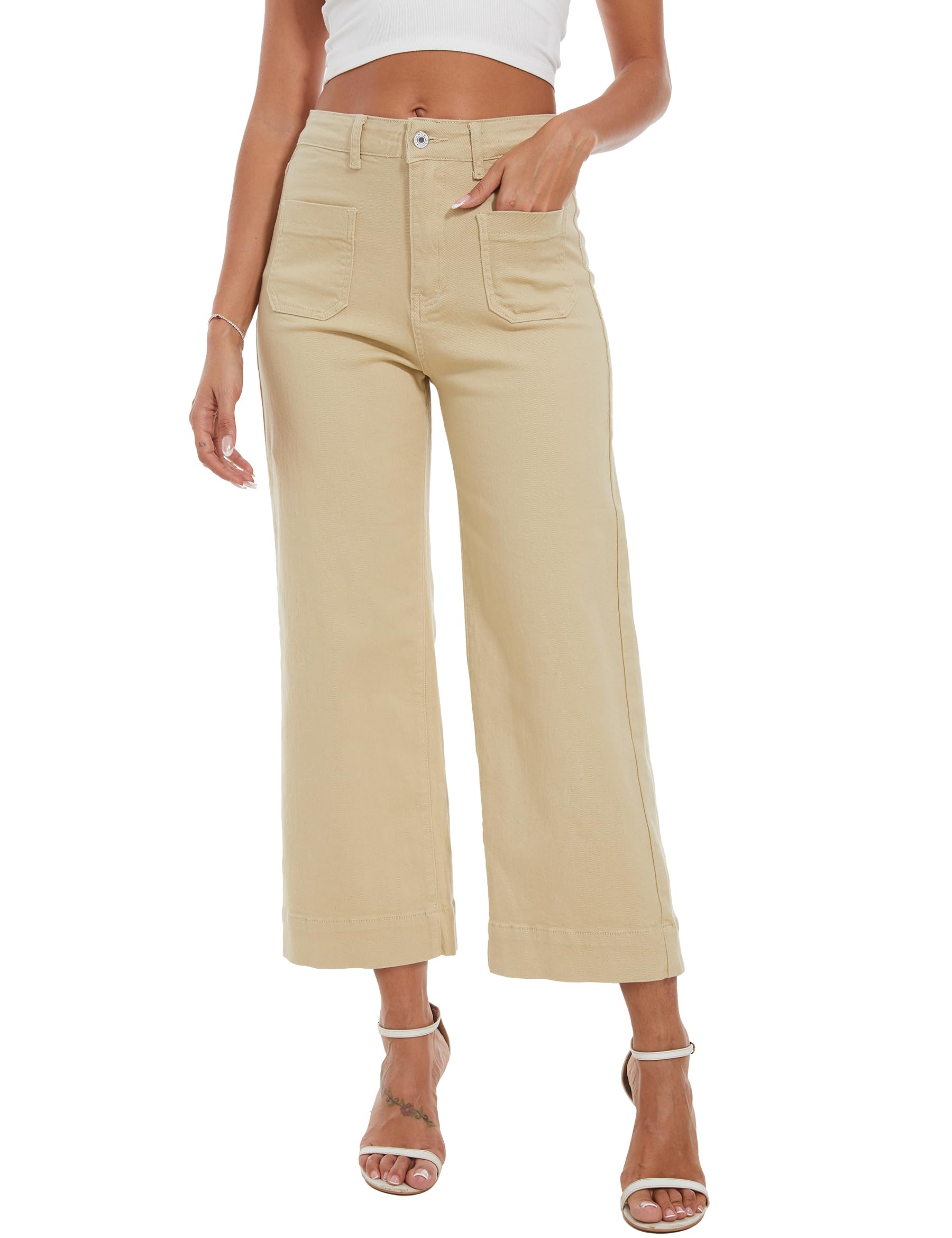 DAOAO Flare Khaki Jeans for Women Stretchy Wide Leg Denim Capri Pants Trendy M