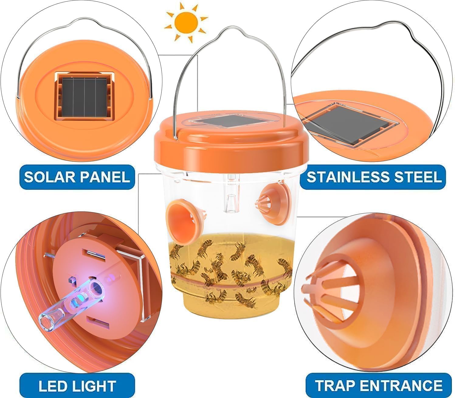 Wasp Traps for Hunting Wasps, Bees, Hornets, Insects, Yellow Jacket Traps, Wasp Trap Catcher, Reusable Solar Powered Hanging for Outdoor, 4 Packs