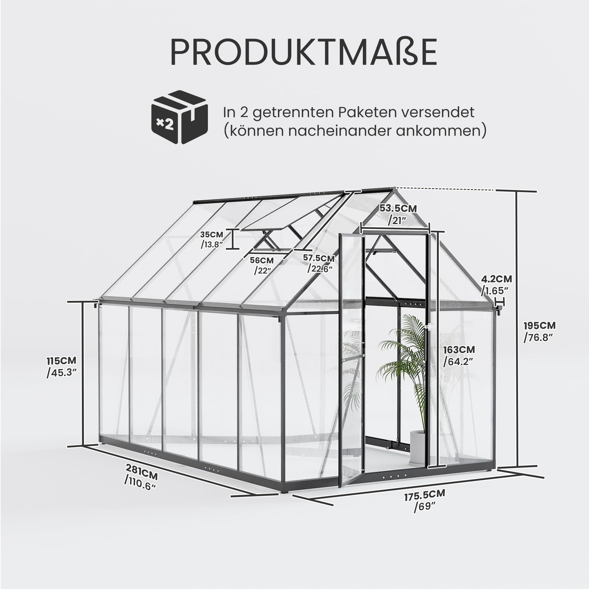 ALAULM Polycarbonat-Gewächshaus 175x281x195cm, mit abschließbarer Tür, Satteldach, Lüftungsfenster & Regenrinnen, Wetterfest für Terrasse & Garten (Schwarz)