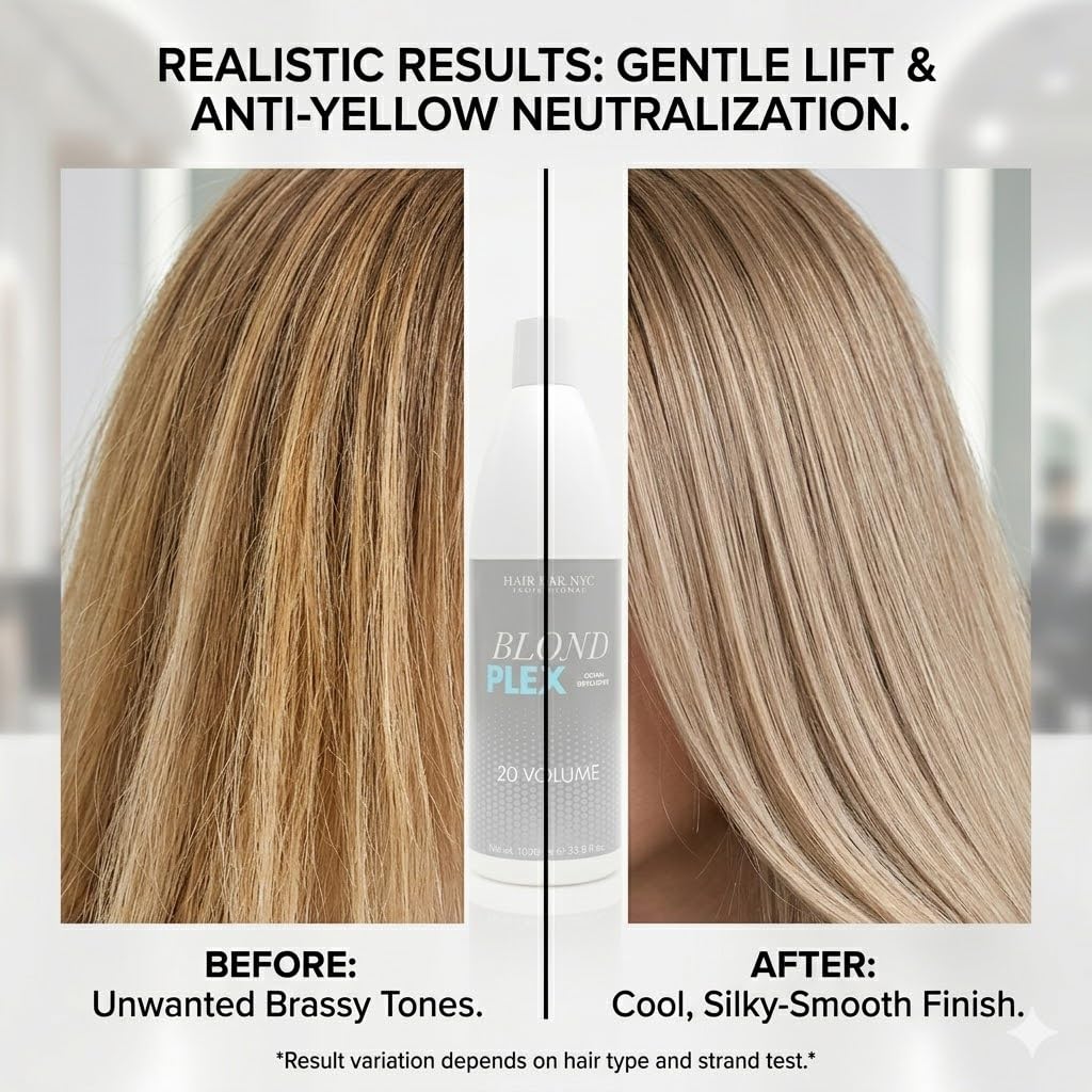 HAIR BAR NYC 20 Volume - Blond Plex Anti-Yellow Porfessional Lightening System for Charcoal Hair Bleach - Violet Developer with Plex, Reduce Brassy, Eliminates Orange Tones 33.8oz/1lt