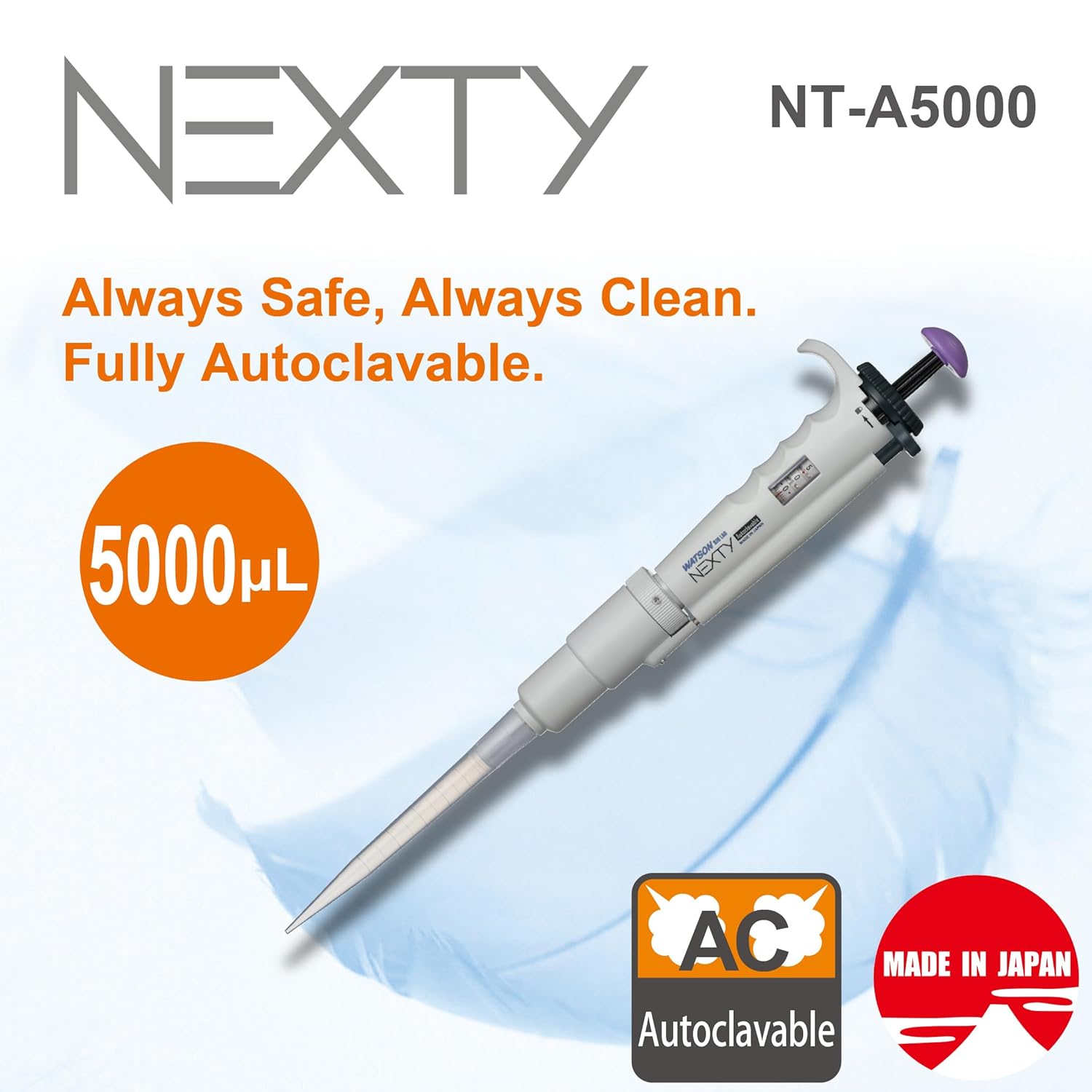 WATSON-BIO-LAB, NT-A5000, 500-5000 µL, NEXTY Autoclavable Micropipette, 1 Piece, Adjustable Volume, Triple Speed Turbo dial, Made in Japan/Kobe