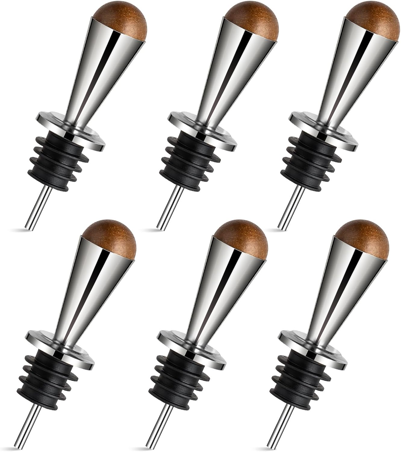 ZPUFAW 4 Pack Liquor Pour Spouts with Wooden Ball Caps, 2 in 1 Function Pour Spouts, Funnel for Transferring Olive Oil Liquid, 18/8 Stainless Steel Spouts