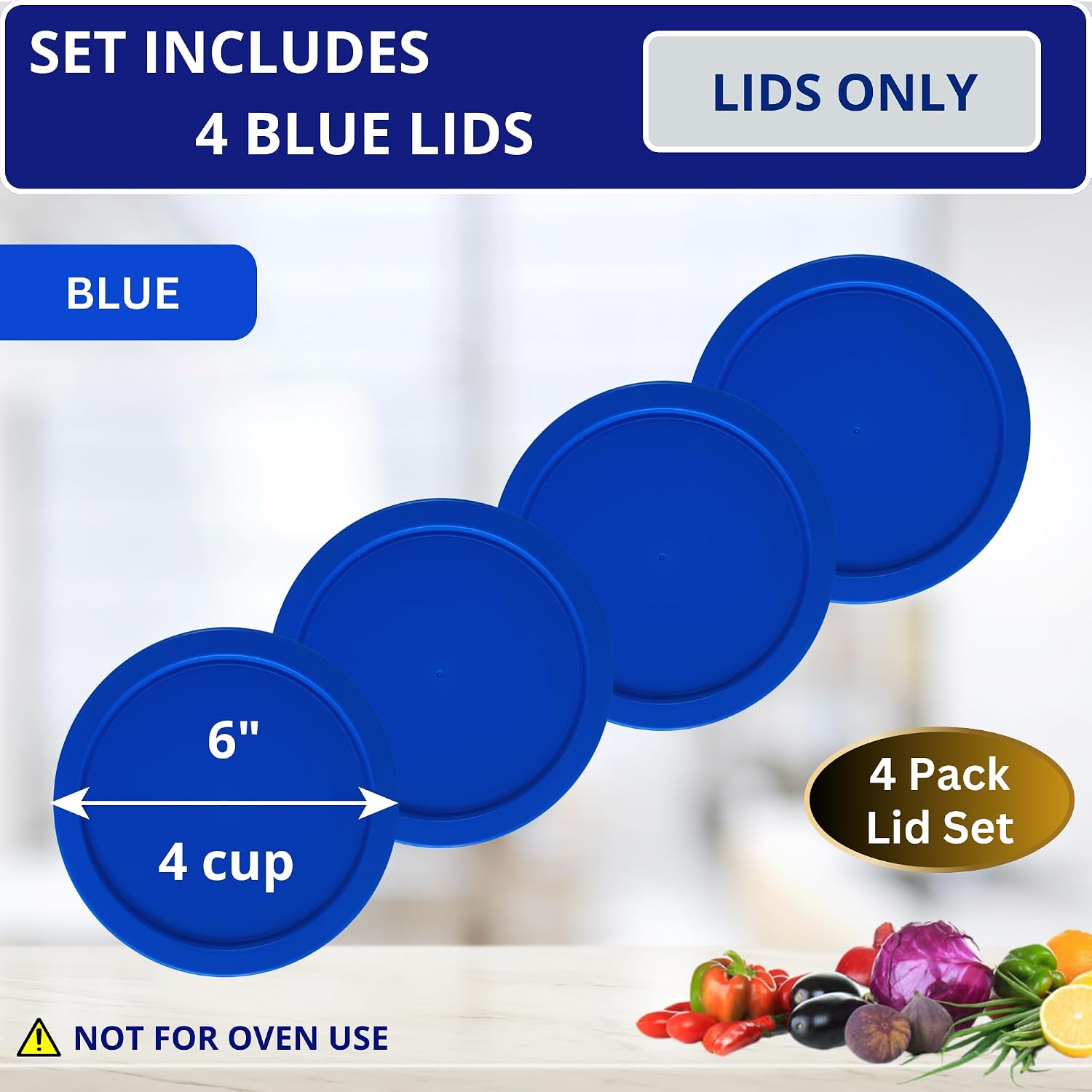 Klare Ware 4 Cup Replacement Lids/Covers for Pyrex 7201, Anchor Hocking & Klare Ware Storage Bowls (Glass Container Not Included) Microwave, Freezer & Top Rack Dishwasher Safe (4 Pack, Blue)